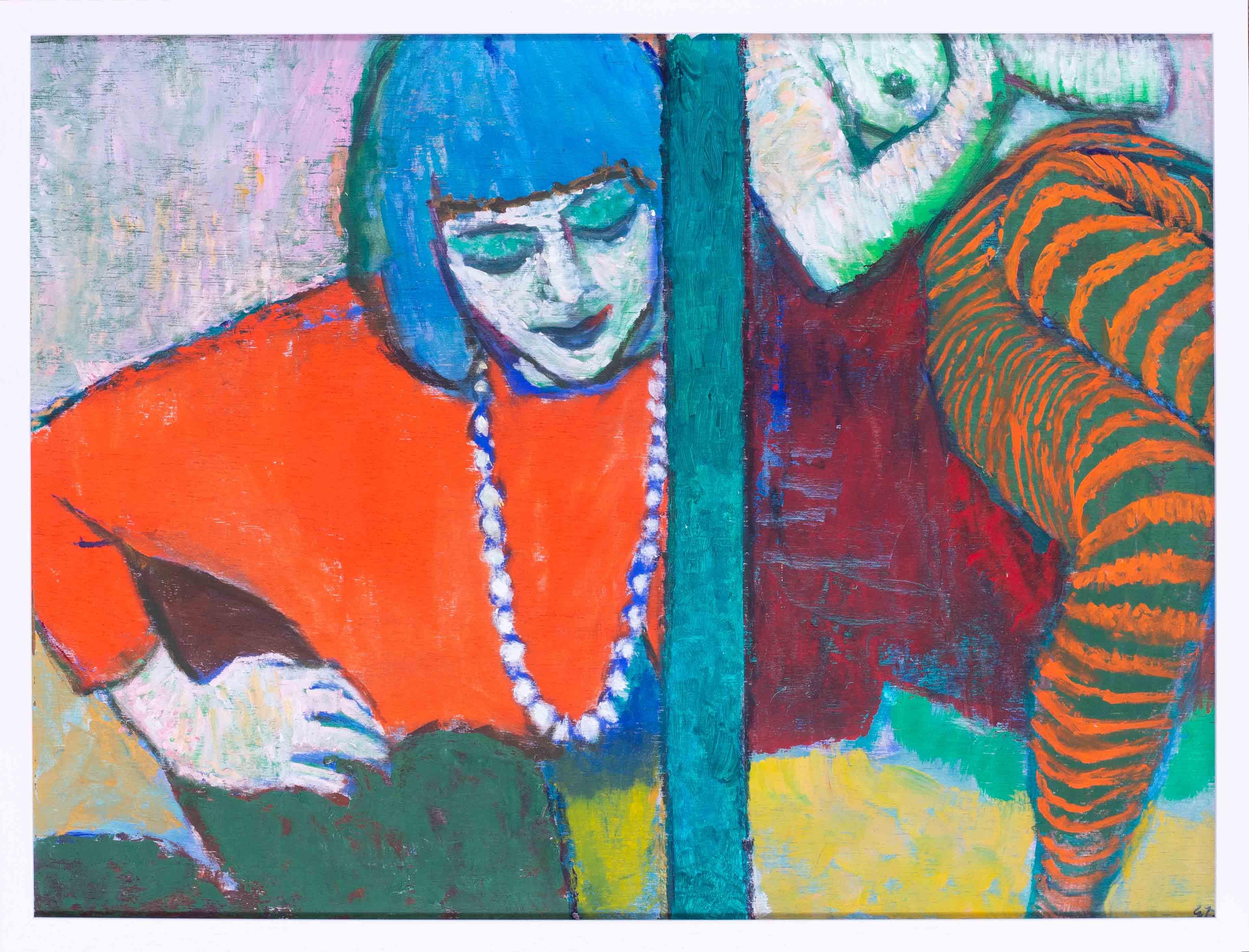 A really striking example of Ewart John's work.  This painting exemplifies John's use of contrasting colours, bold brushstrokes and his interesting composition designs.  The painting is called 'Diptych; Sarah in Blue Hair and Striped tights', a
