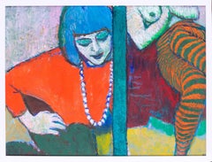 Vintage Sarah in blue hair and orange striped tights, 1986, oil painting by Ewart Johns