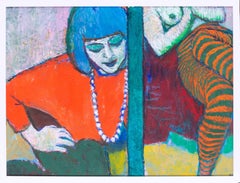 Sarah en cheveux bleus et pull à rayures orange, peinture à l'huile d'Ewart Johns, 1986