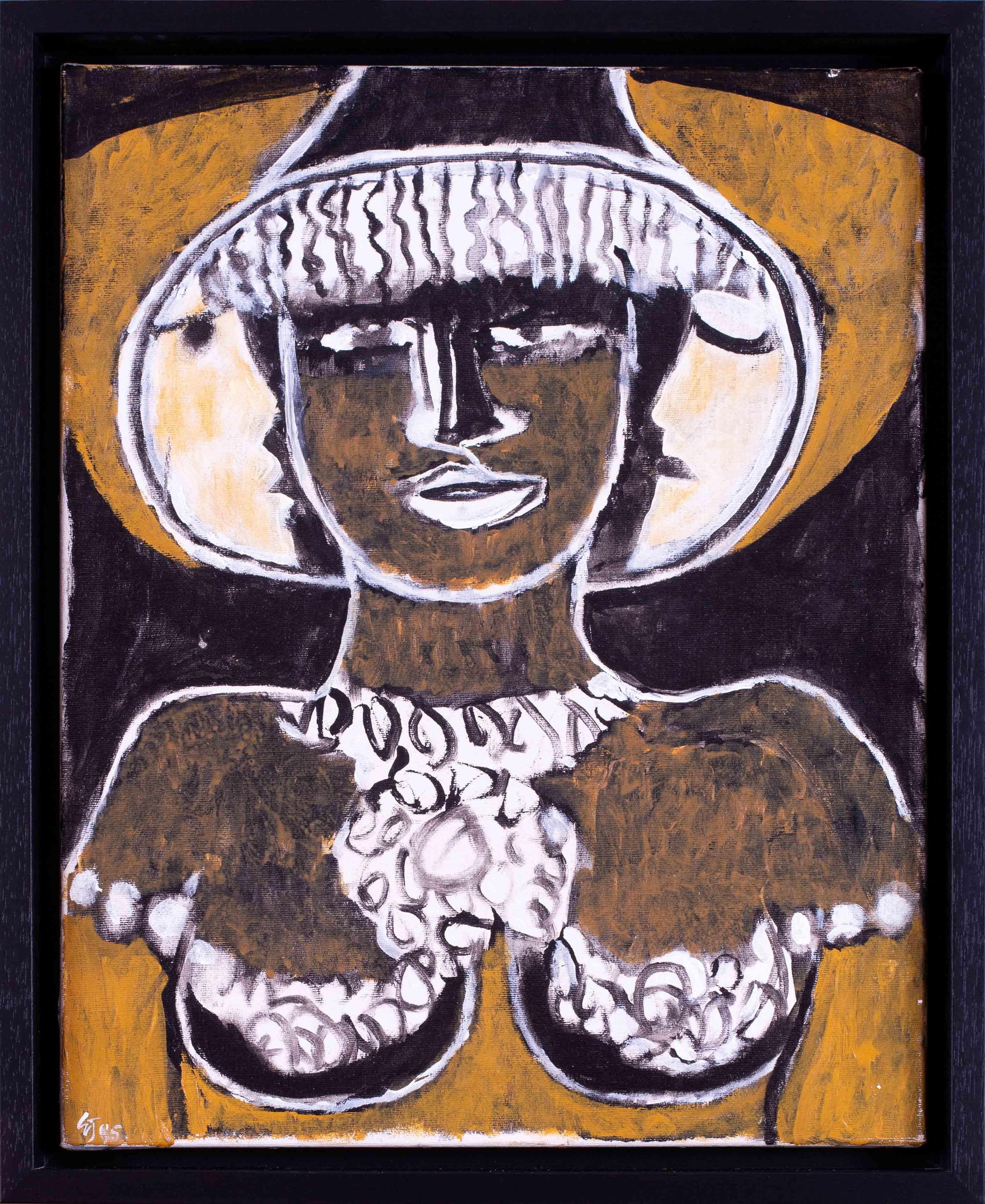 Ein kühnes und auffälliges Porträt "Black Hecate" des bedeutenden modernen britischen Künstlers Ewart Johns.  Dieses Gemälde zeichnet sich durch eine Farbkombination aus Weiß, Schwarz und Braun und eine selbstbewusste Pinselführung aus. 

Ewart