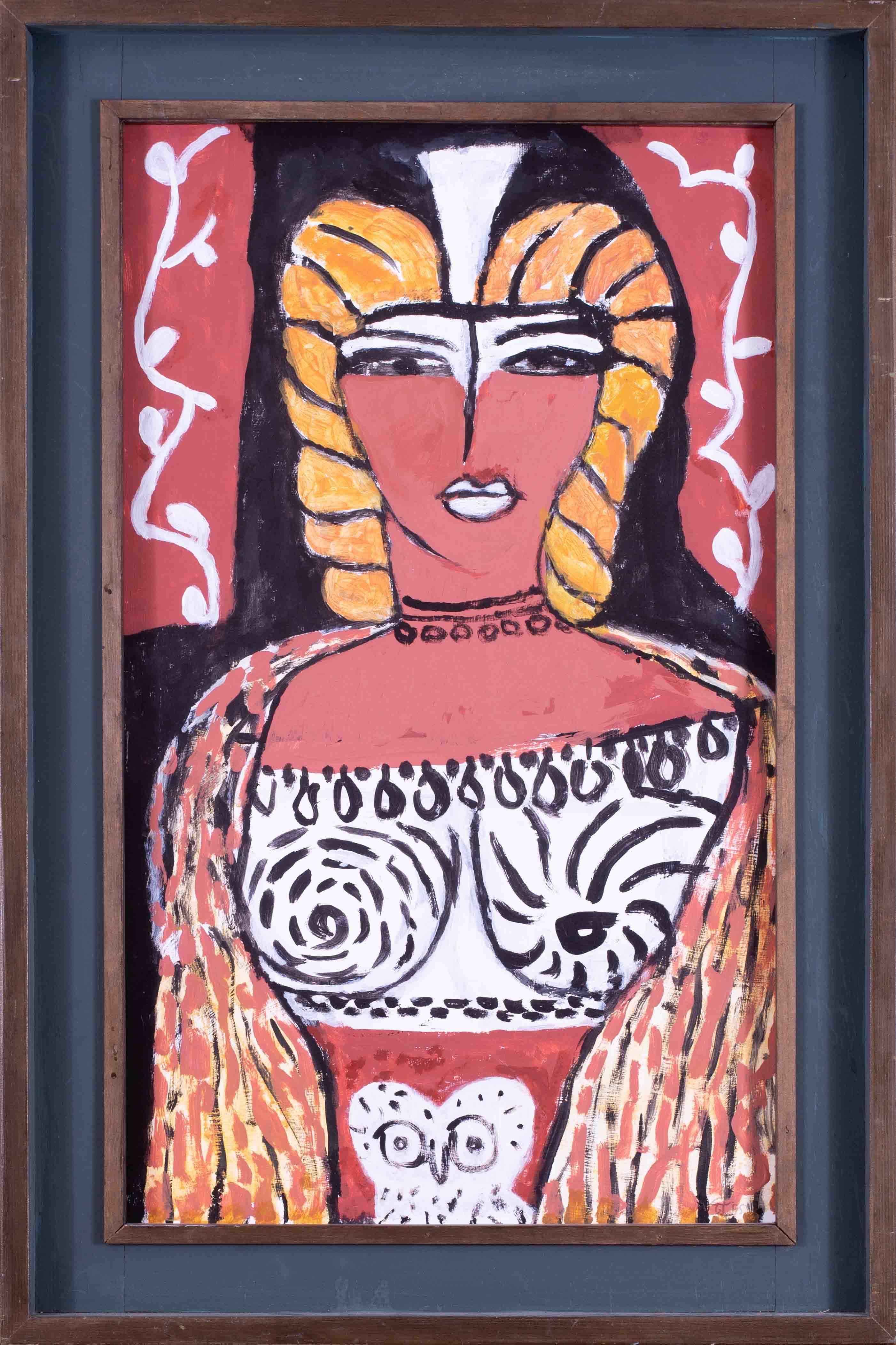 A bold and striking portrait of 'Athene' by the notable Modern British artist Ewart Johns.  This painting is characterised by strong red / brown colours, highlighted by whites and blacks, confident brushwork, and a fusion of abstract and figurative