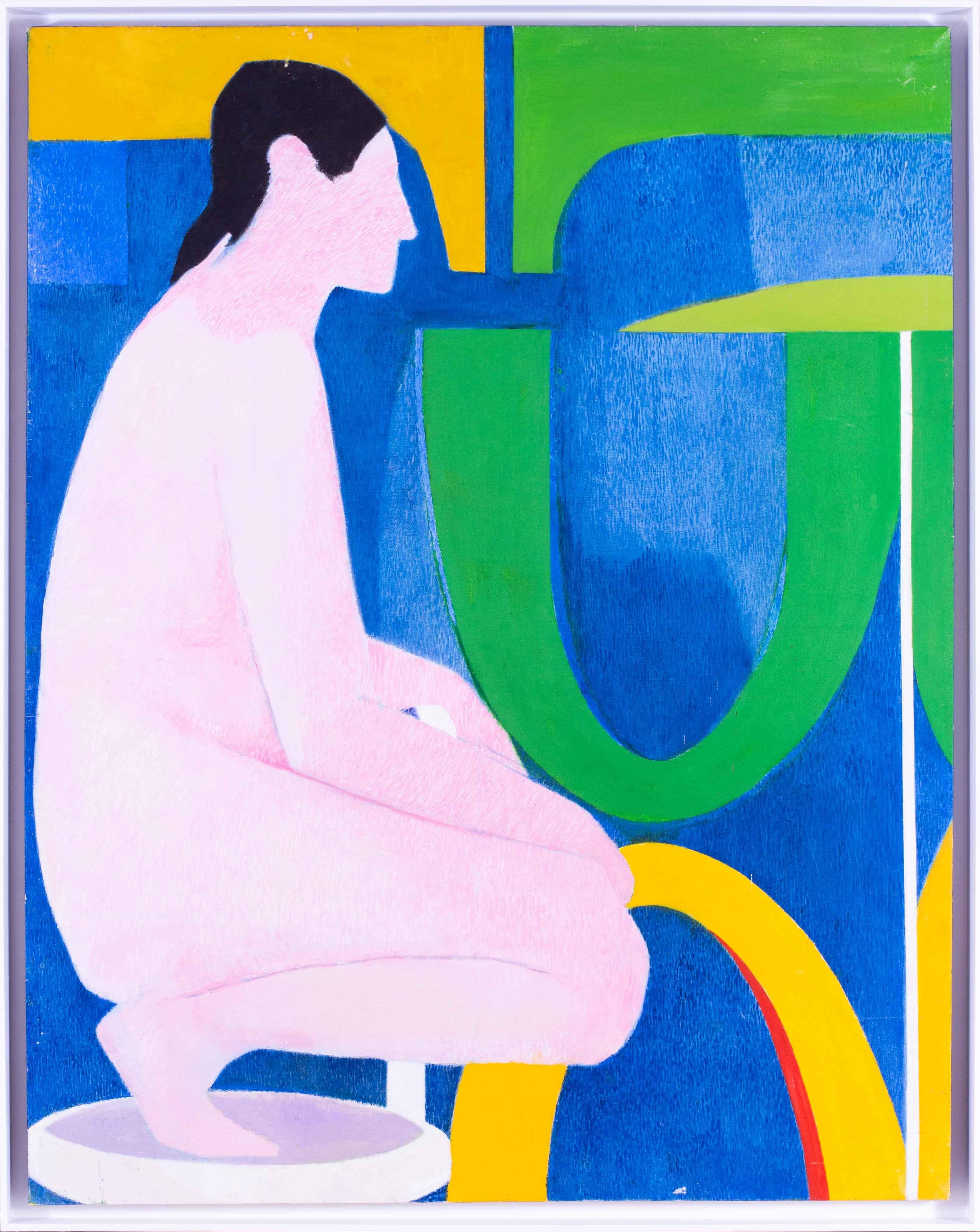 A very eye-catching and expansive Pop Art painting of a male nude set against a painted graphic design from 1976 by British born artist Ewart Johns.  The strong blue, green and yellow background skillfully enhances the simplistic execution of the