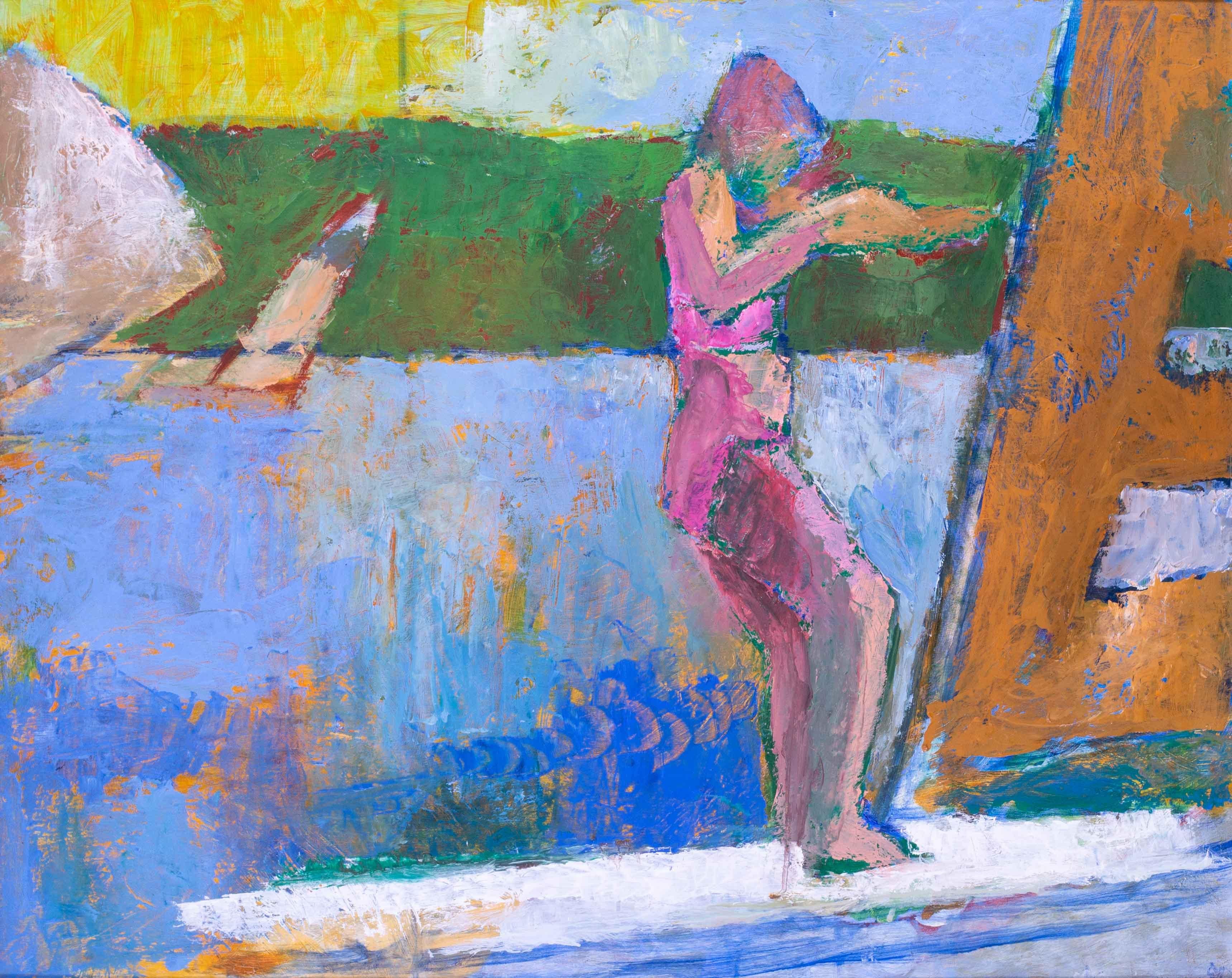 Windsurfing with girl in pink, 1986 Modern British oil painting by Ewart Johns For Sale 3