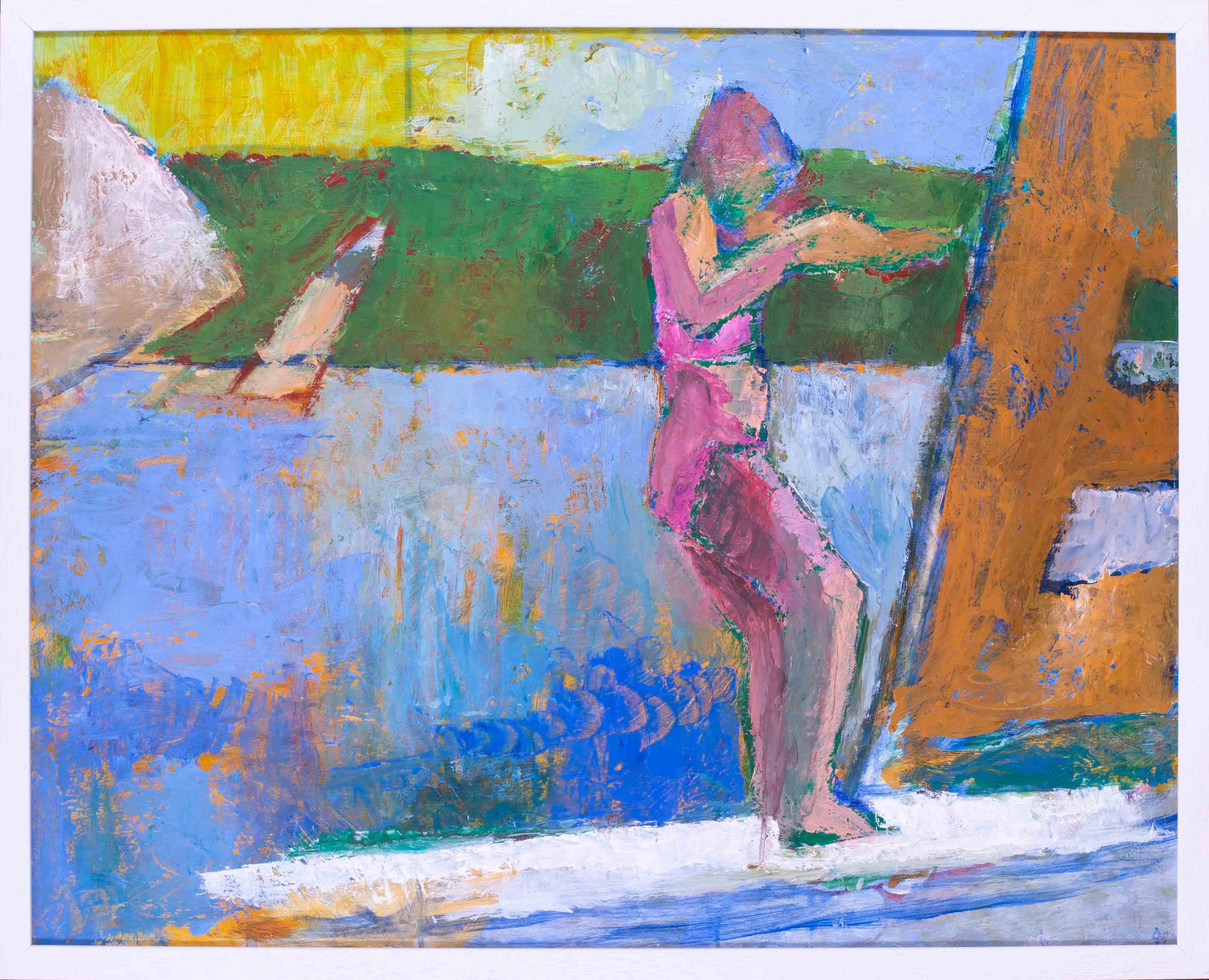 A fine painting by Ewart Johns portraying a girl windsurfing in a Modern British style with Fresh colours, bold brushstrokes and a sense of energy and dynamism.  The work captures the essence of the subject matter in a visually captivating manner.