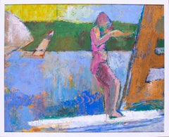 Planche à voile avec une fille en rose, 1986 Peinture à l'huile britannique moderne d'Ewart Johns