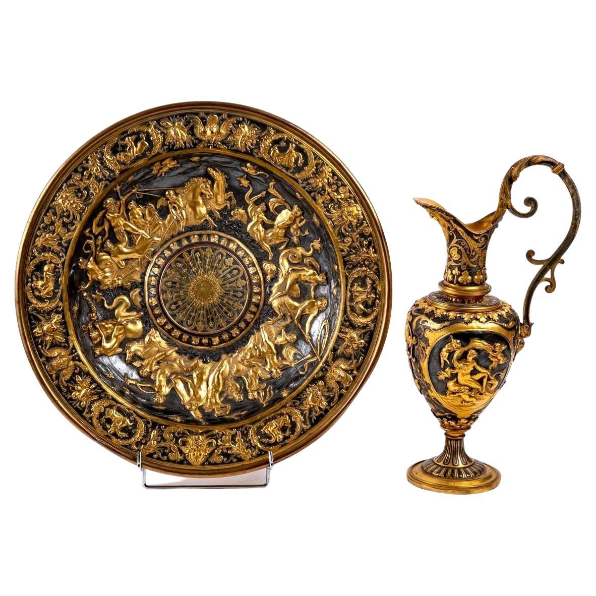 Ewer with Its Patinated and Gilded Brass Basin, 19th Century For Sale