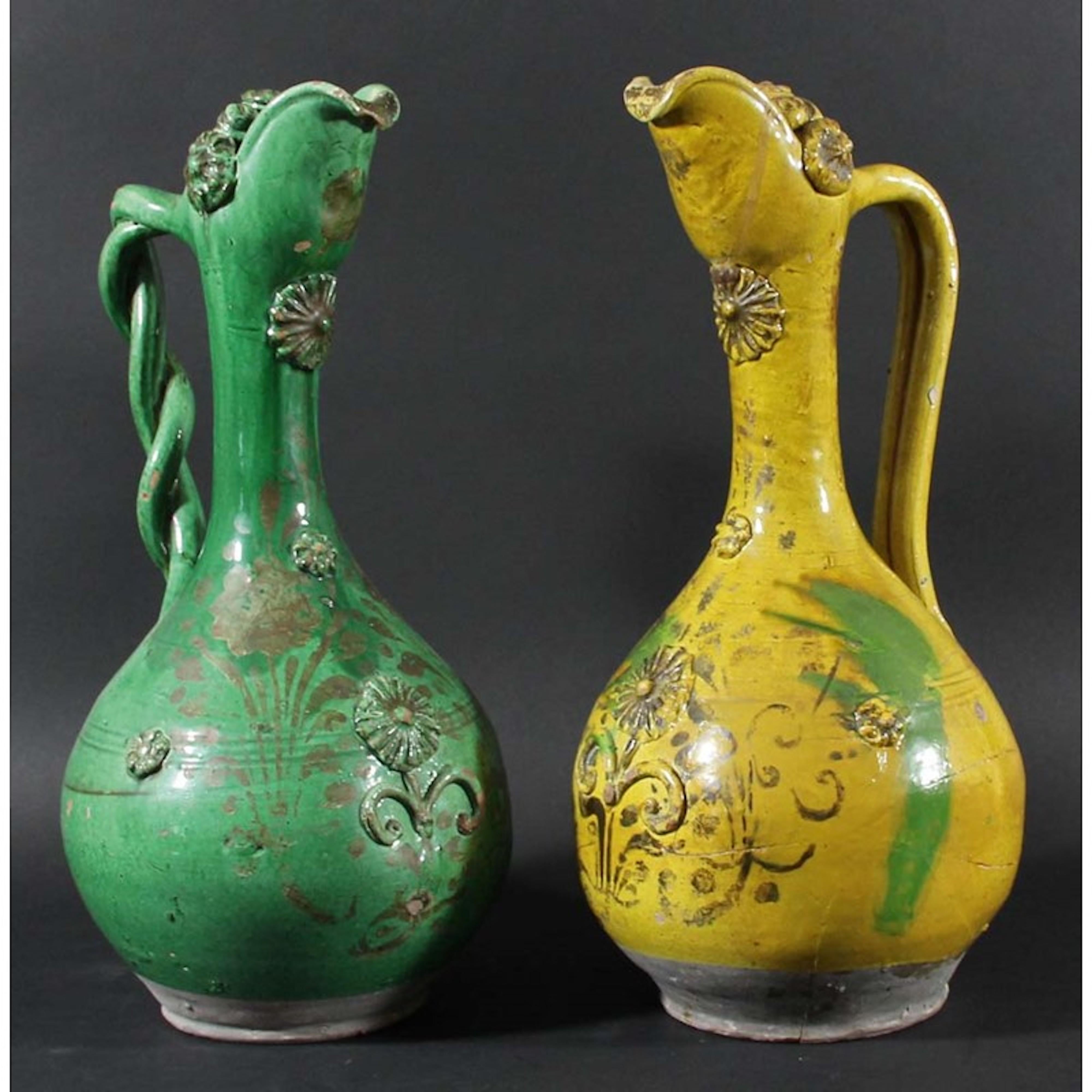 Fine, pair of 19th century, ottoman revival, canakkale, green and ochre, gilded and moulded, terracotta ewers

- Characteristic of the unique Canakkale Ottoman Revival style in form, composition and color
- Canakkale was the most important centre