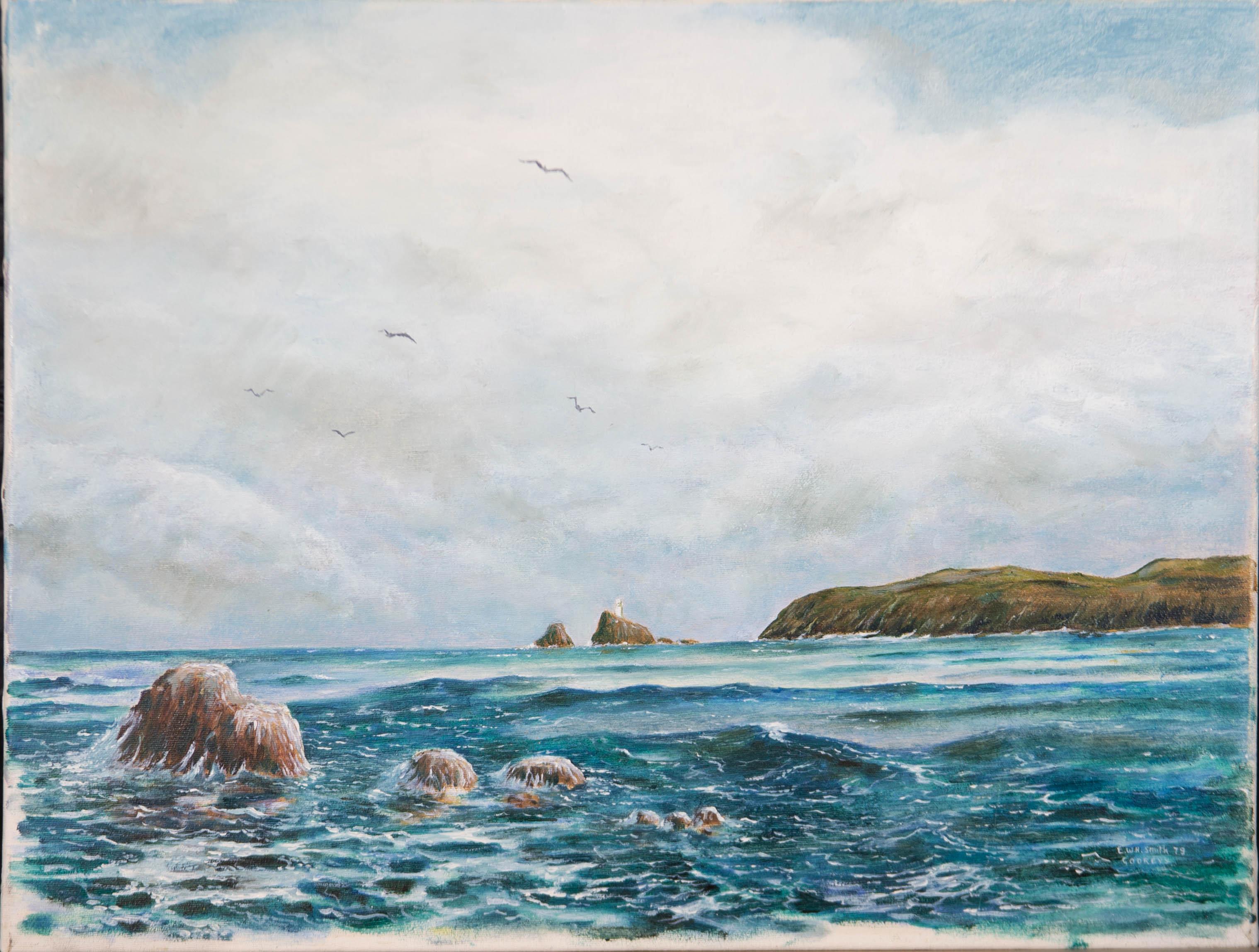 A vibrant oil painting by E.W.H. Smith, depicting a seascape in Godrevy, an area on the eastern side of St Ives Bay, west Cornwall. Signed, dated and titled to the lower right-hand corner. On canvas on stretchers.
