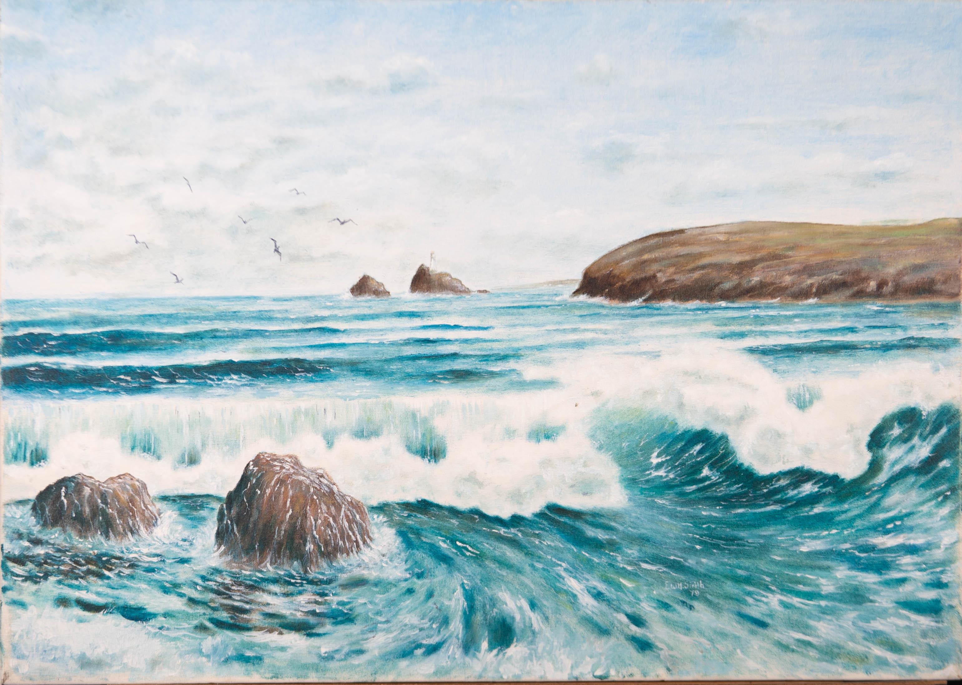 A bright oil painting by E.W.H. Smith, depicting a seascape with cliffs. Signed, dated and titled to the lower right-hand quadrant. On canvas on stretchers.
