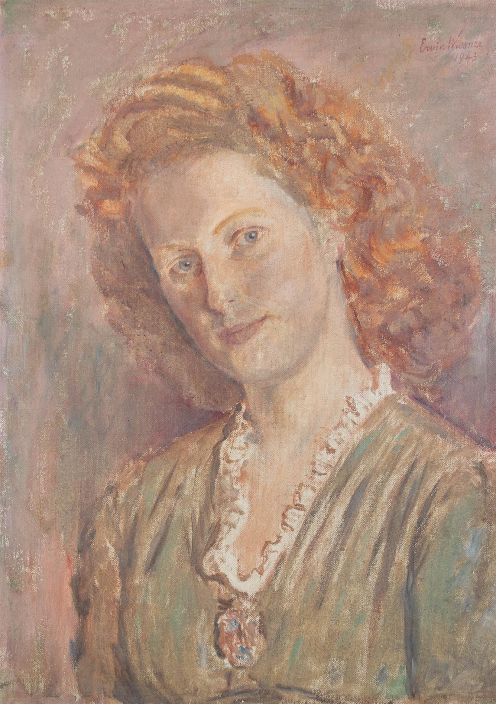 Ewin Wiesner - Belle huile de 1943, femme aux cheveux rouges en vente 1