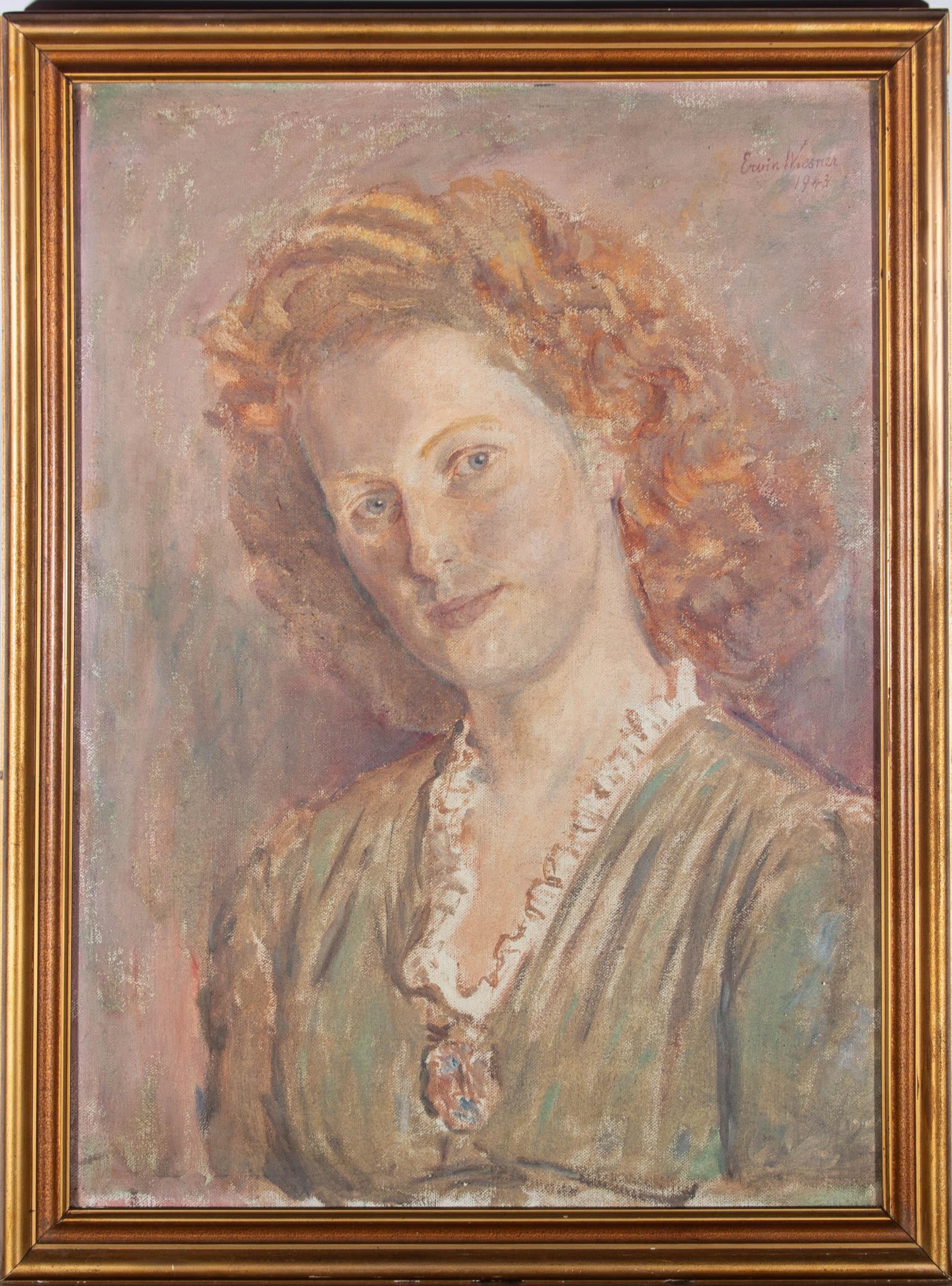 A wonderful mid century portrait of a beautiful young woman with red hair. Painted in a muted colour palette the artist has finely captured her pretty face. Well presented in a gilt effect frame. 1948 Royal Academy exhibition label to the reverse.
