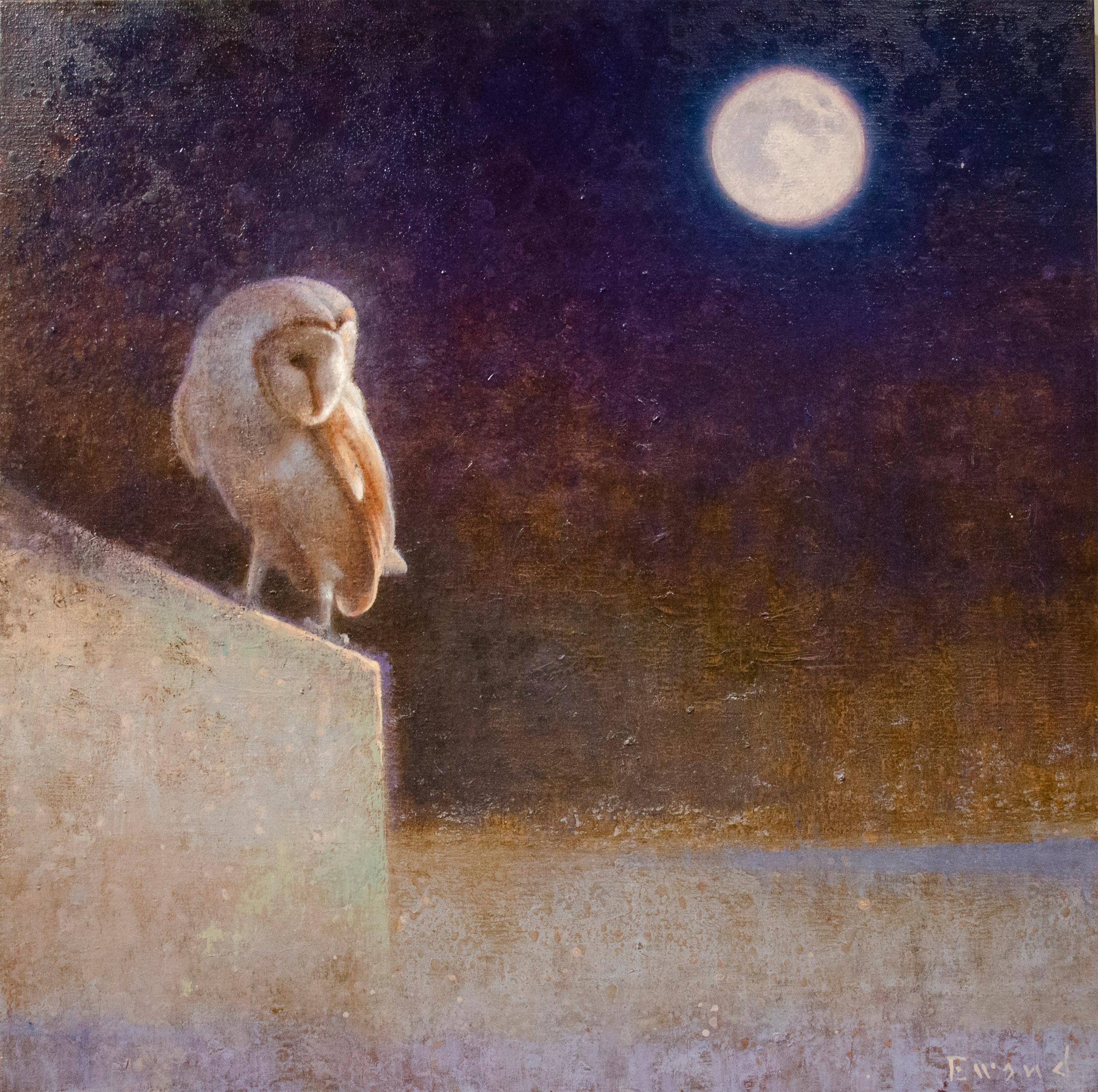 Ewoud de Groot Animal Painting - Barn Owl and Moon (barn owl, nocturne, reflection, prism of color)
