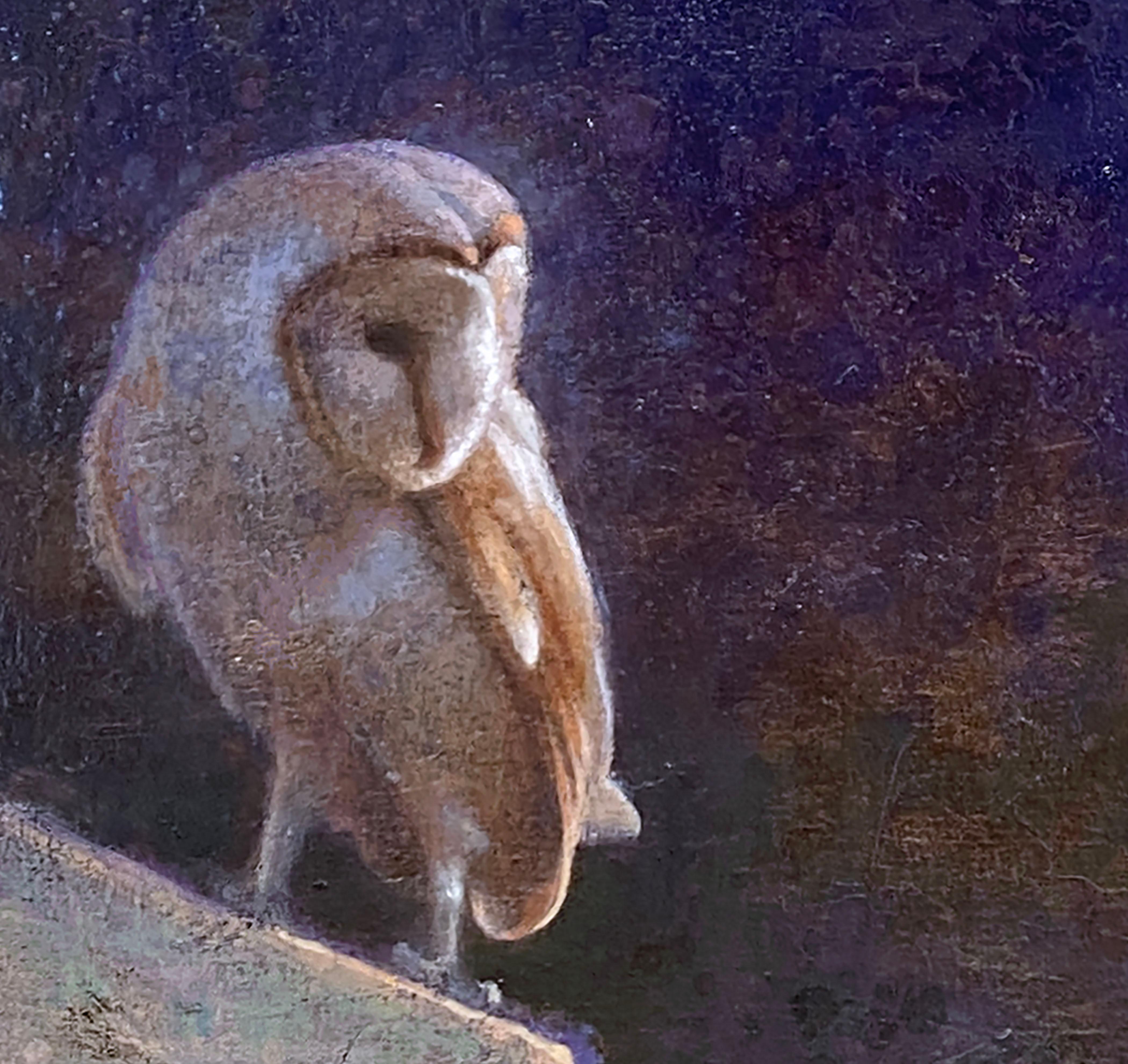 Barn Owl and Moon (barn owl, nocturne, reflection, prism of color) - Painting by Ewoud de Groot