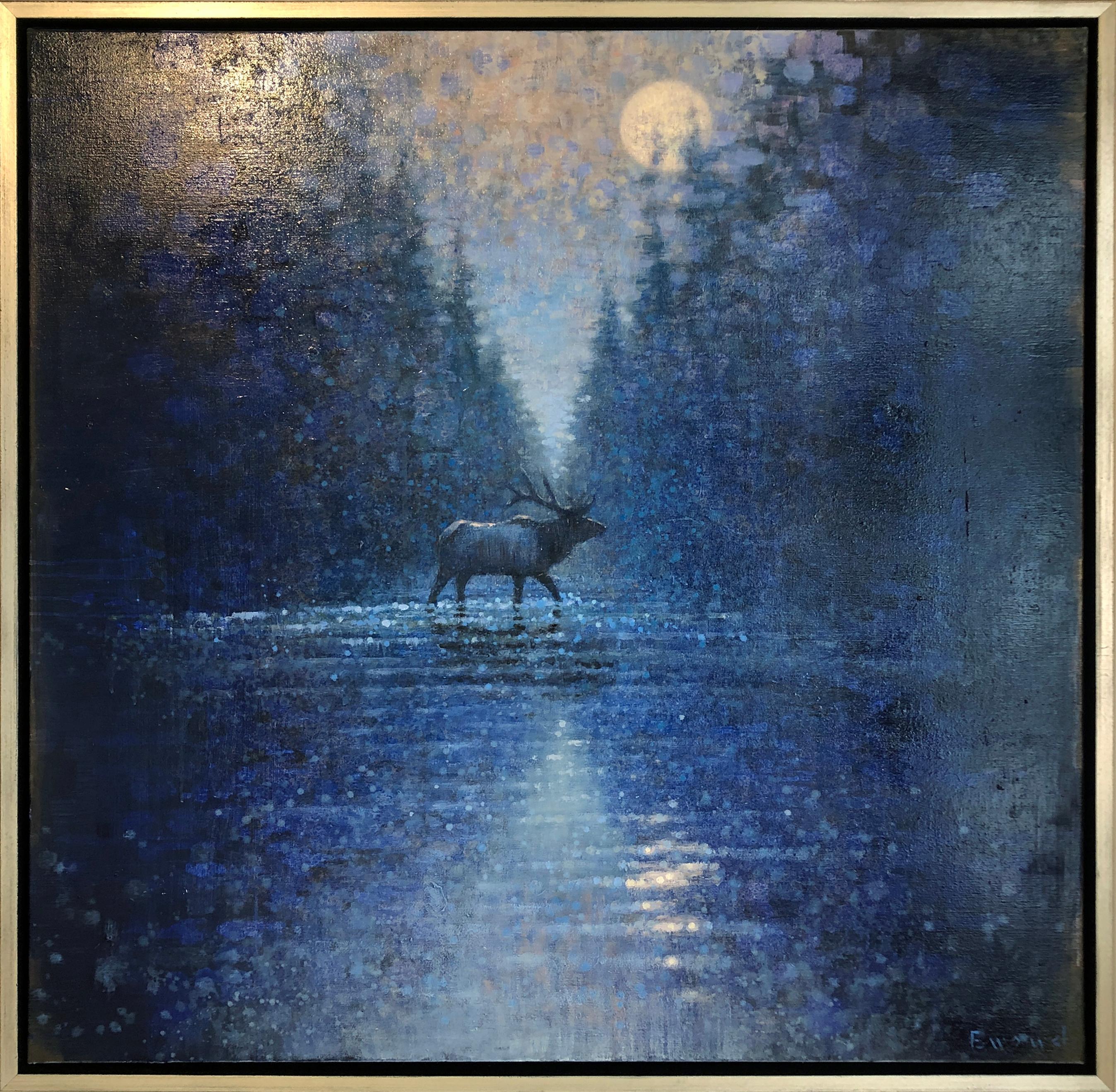 Ewoud de Groot Animal Painting - Crossing Elk Nocturne (elk, night, river, moonlight)