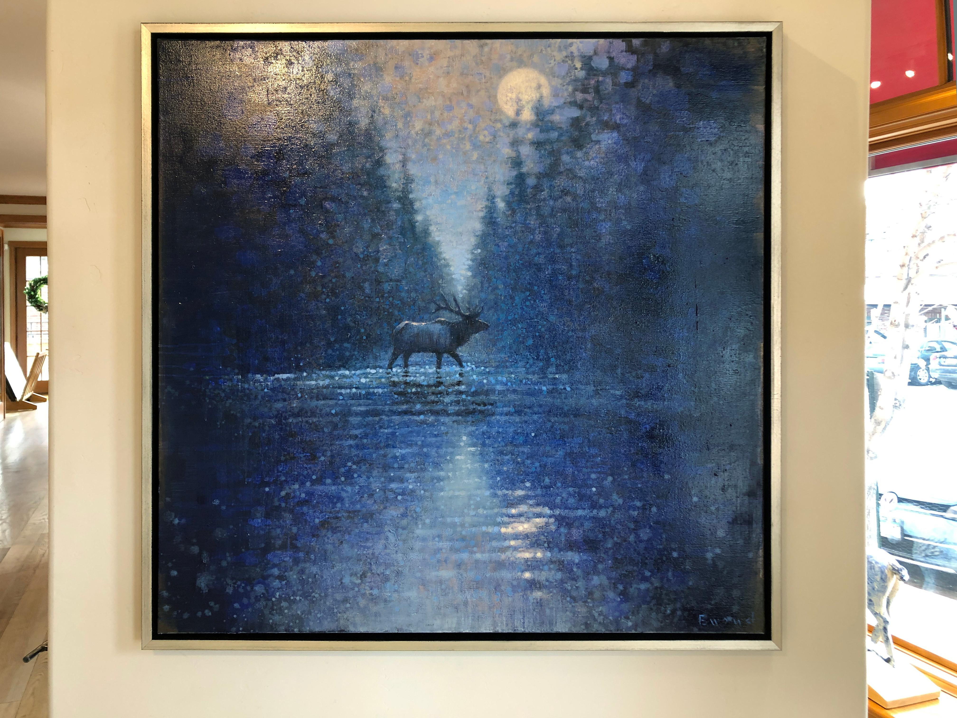 Frame size:  46 t x 46 w x 1.5 d

An elk wades in the middle of a watery landscape in the shimmering moonlight.   A serene scene from Dutch painter, Ewoud de Groot.

While realism is a factor of de Groot's style, over rendering is not a curse of