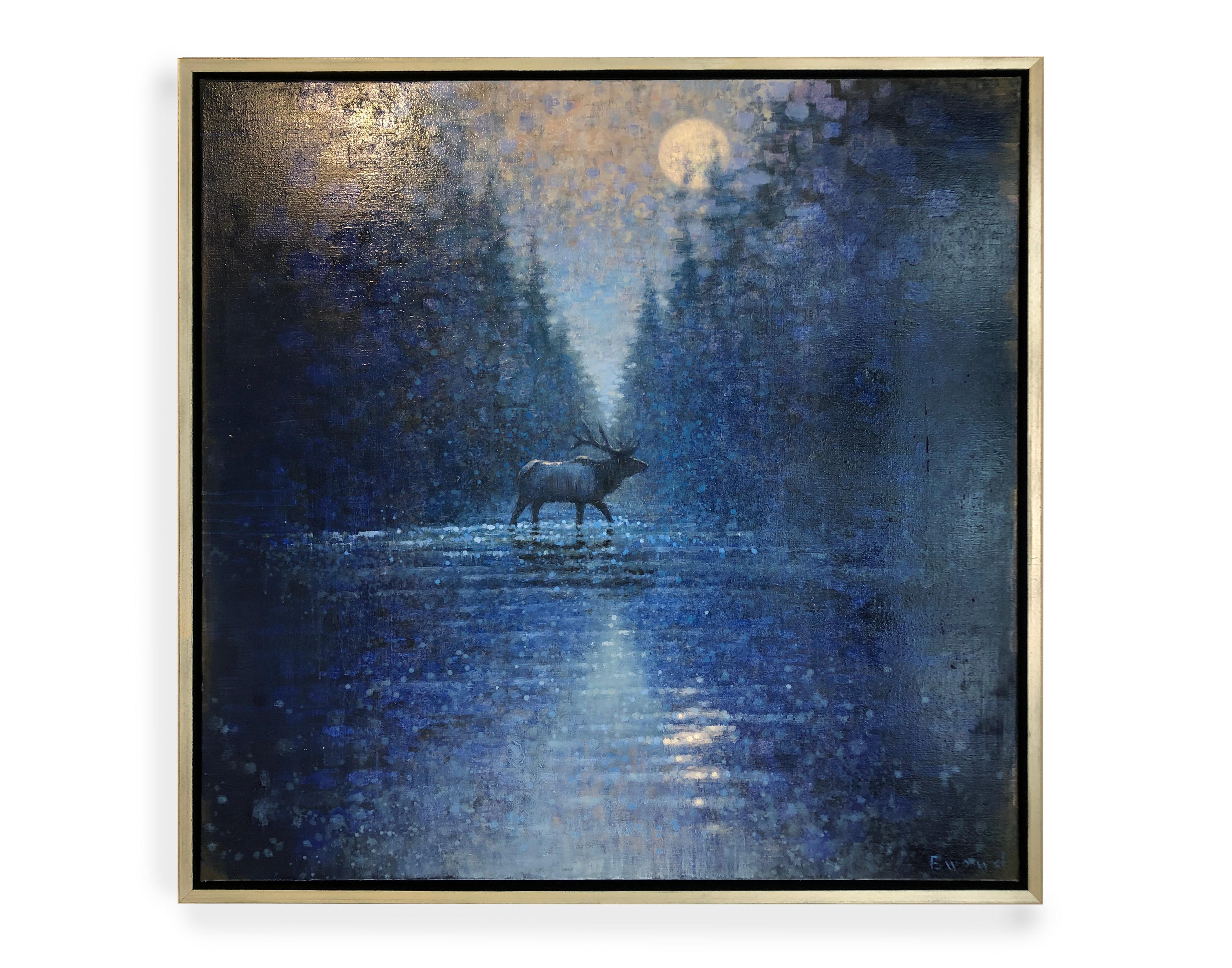 Crossing Elk Nocturne (elk, night, river, moonlight) - Painting by Ewoud de Groot