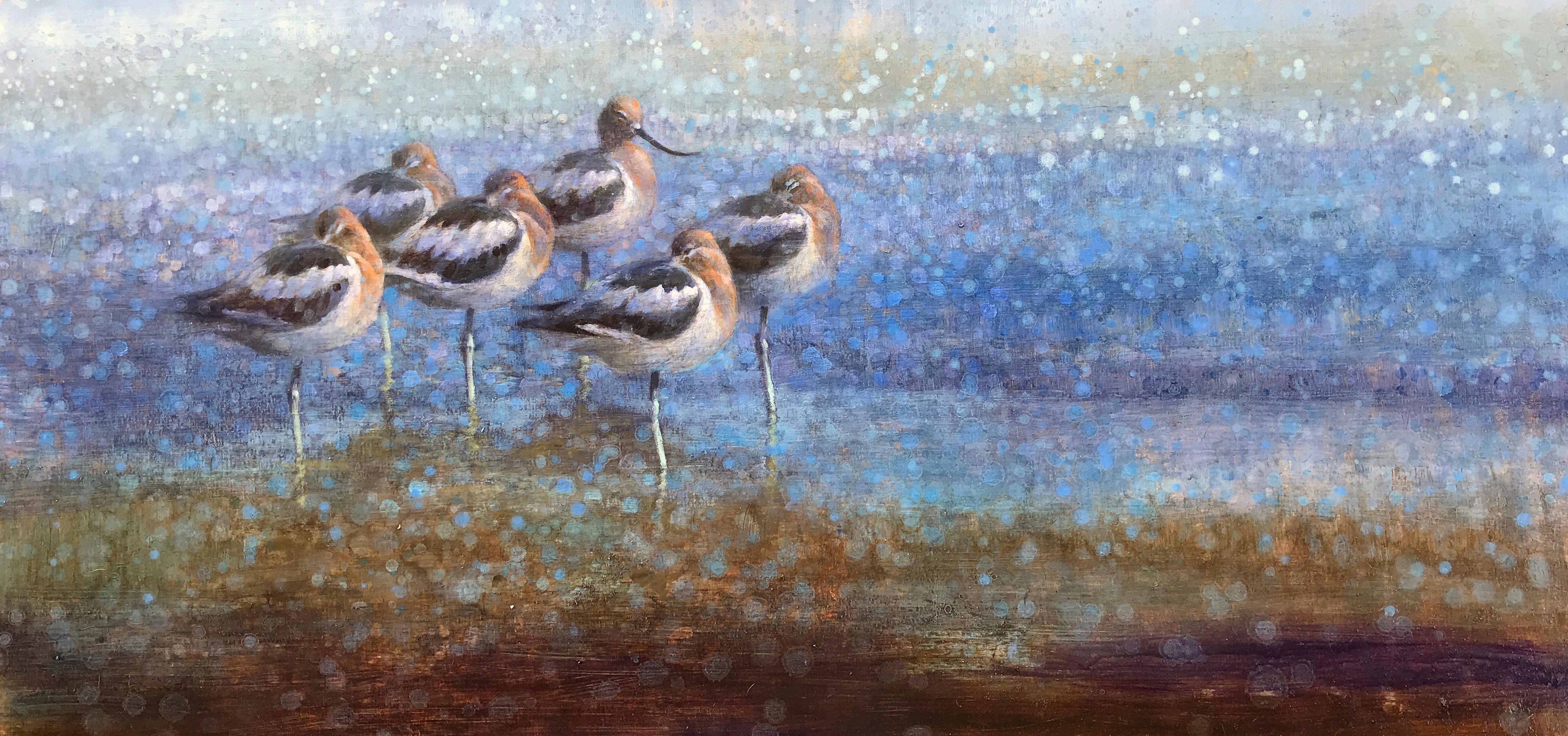 Resting Avocets (flock of birds, beach, depth, harmony) - Painting by Ewoud de Groot