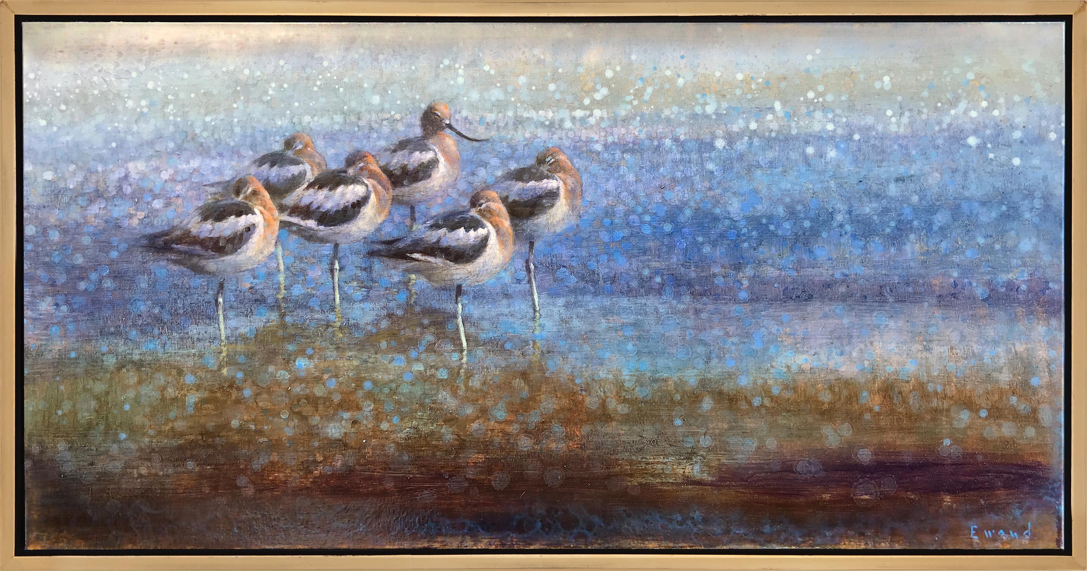 Ewoud de Groot Figurative Painting - Resting Avocets (flock of birds, beach, depth, harmony)