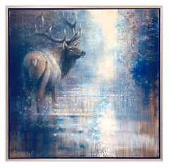 Twilight Elk (luminous figurative animal portrait in dream-like landscape)