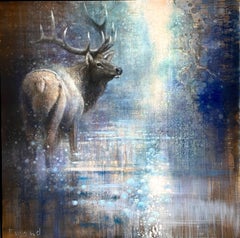 Twilight Elk (luminous figurative animal portrait in dream-like landscape)