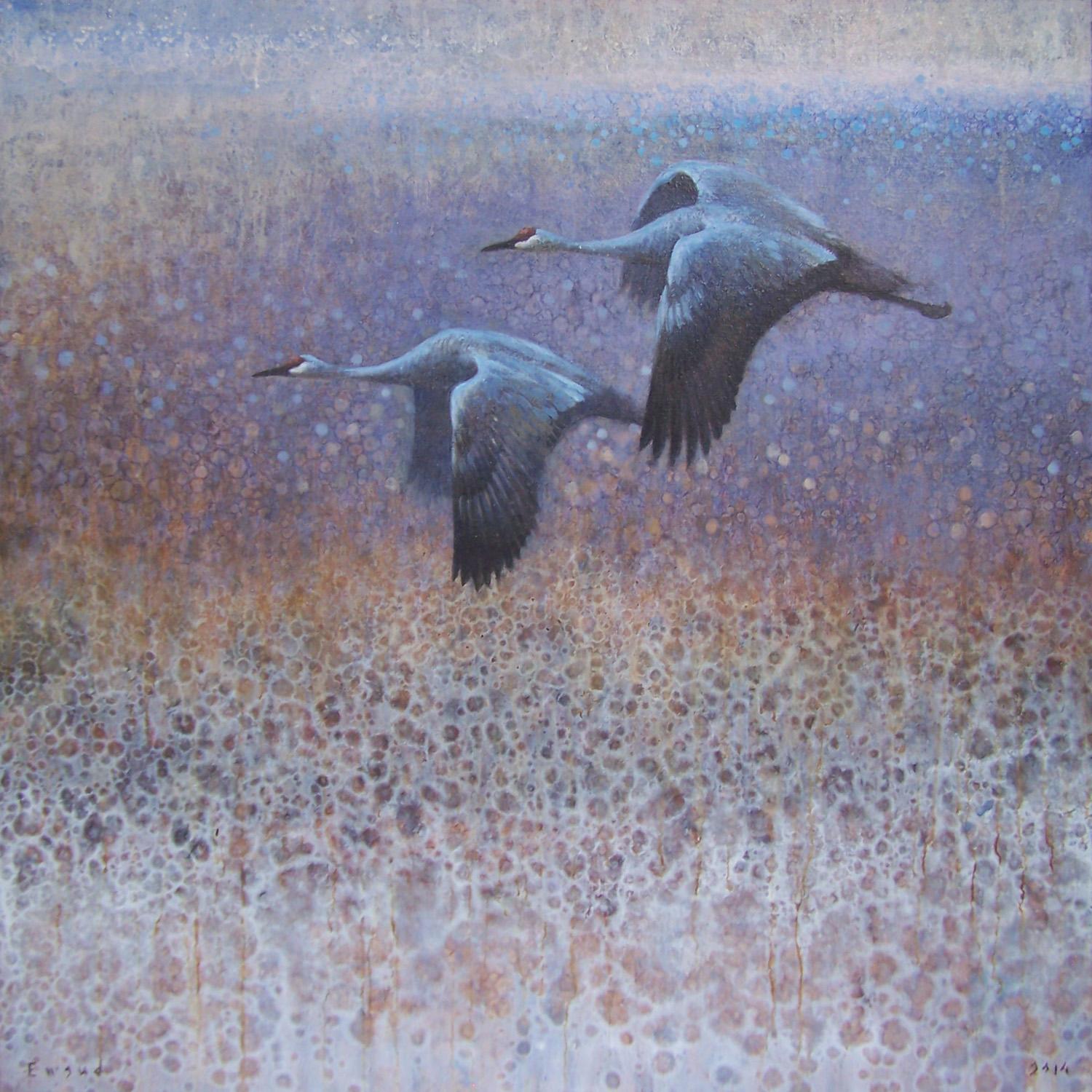 Ewoud de Groot Abstract Painting - Two Sandhill Cranes