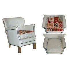 EX-DISPLAY HALO LITTLE PROFESSOR WHiTE LEATHER ARMCHAIR REVERSIBLE KILIM CUSHION