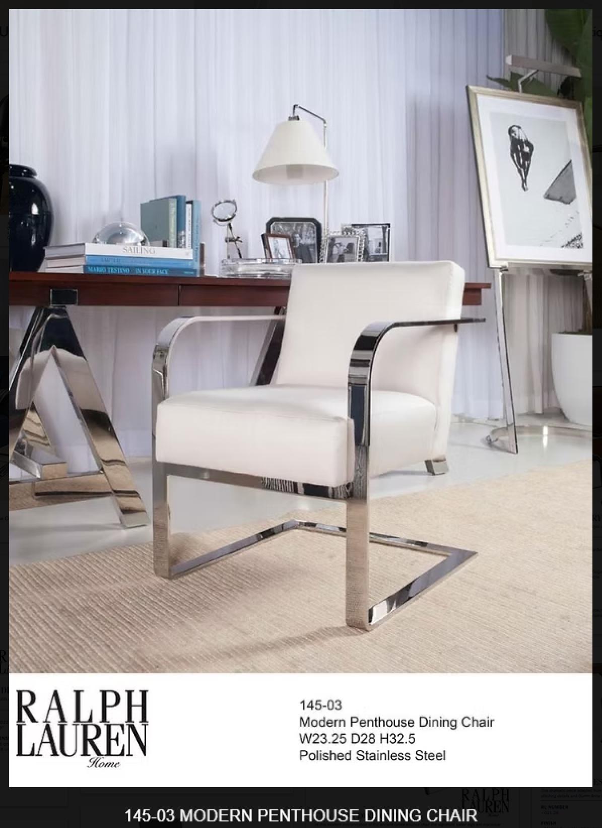 Royal House Antiques

Royal House Antiques is delighted to offer for sale this perfect condition, Ex-display, Ralph Lauren Modern Penthouse Collection Chrome and cream leather armchair 

Please note the delivery fee listed is just a guide, it covers