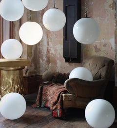 Ex RAF Mid 20th C Extra Large Brass & Opaline Globe Pendants Lights 9 Available