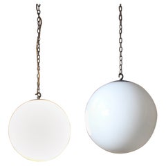 Ex RAF Mid 20th C Pair of Large Bronze & Opaline Globe Pendants Lights