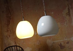 Ex RAF Mid 20th C Pair of Medium Chrome & Opaline Tulip Pendants Lights