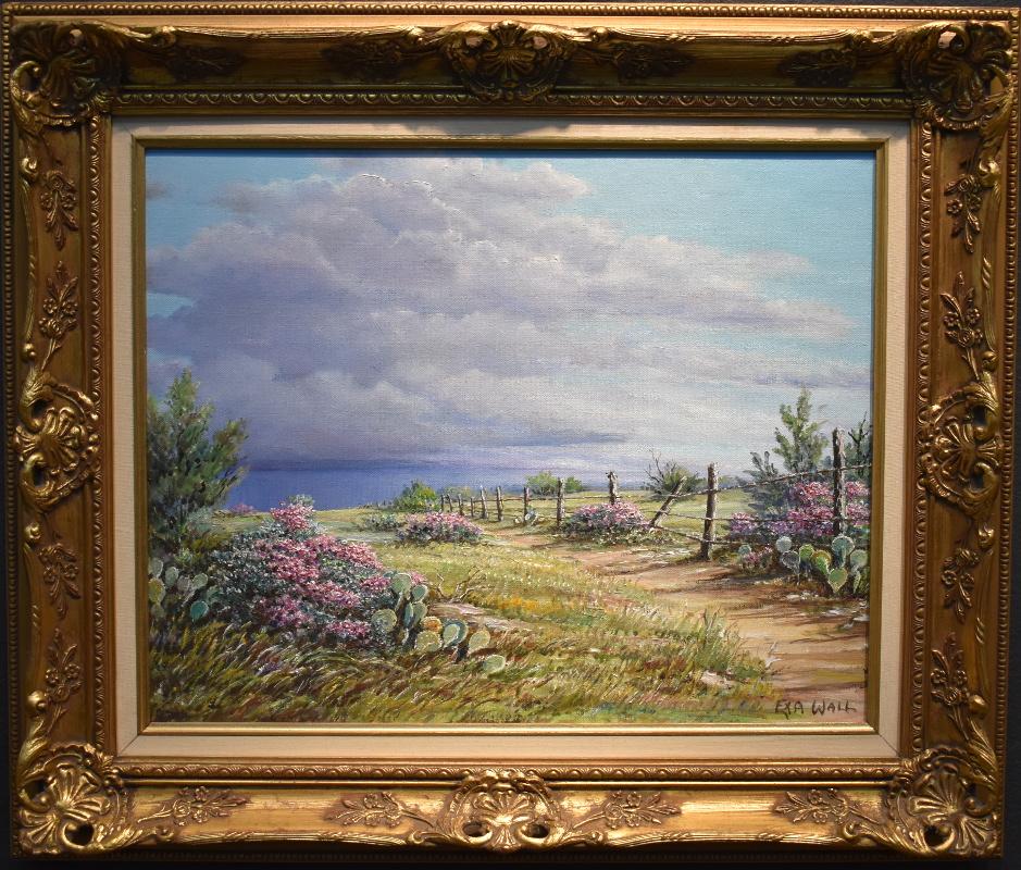 Exa Wall Landscape Painting - "Cedar Posts & Sage"  Prickley Pear Cactus Texas Hill Country