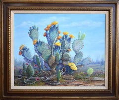 "THE SUN WORSHIPER"  Blooming Prickly Pear Cactus.  Texas Greens, Blues, Reds