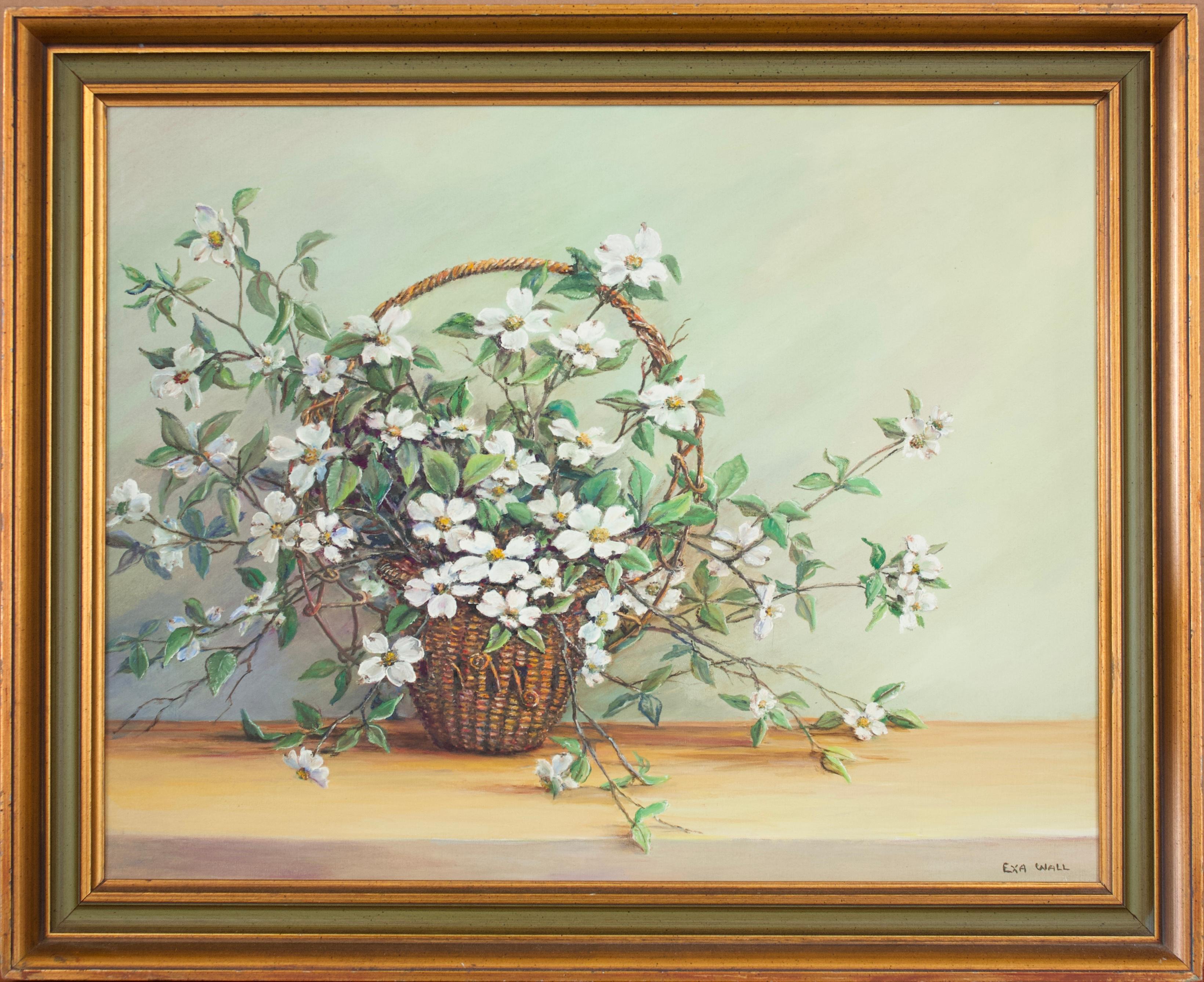 White Flowers in Basket - Painting by Exa Wall