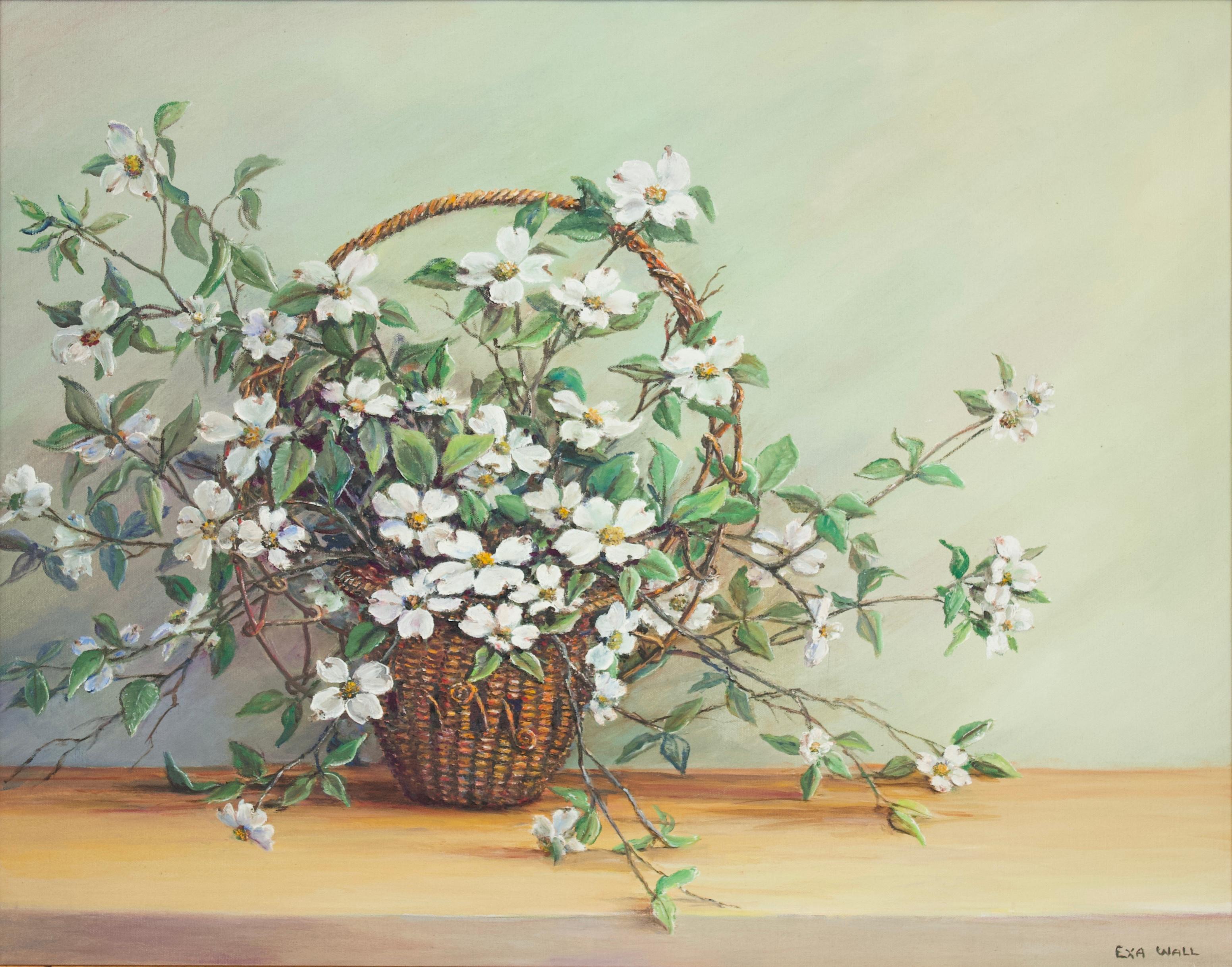 Exa Wall Still-Life Painting - White Flowers in Basket