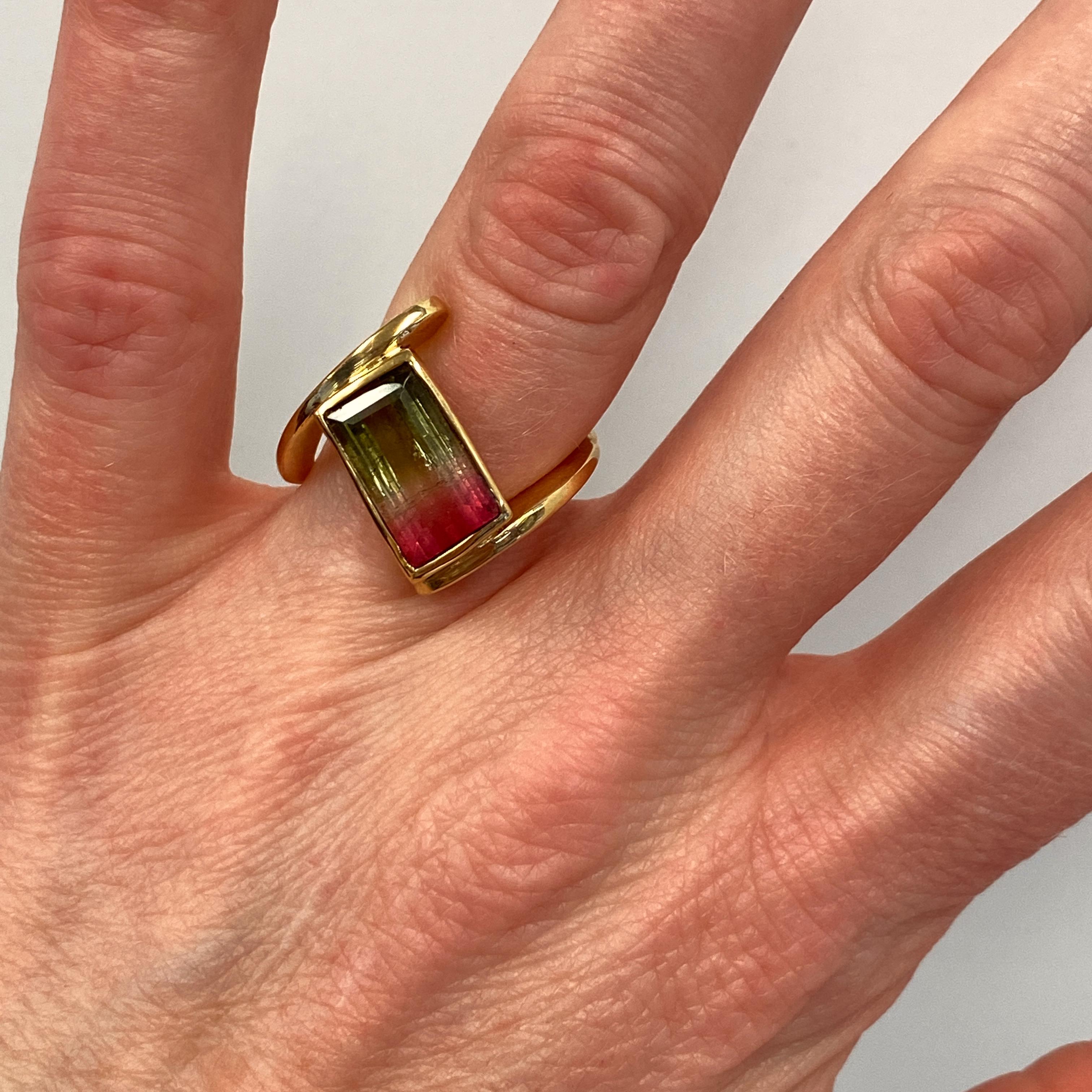Baguette Cut Exaggerated Bypass Ring with 4.75ct Watermelon Tourmaline in 18 Karat Gold