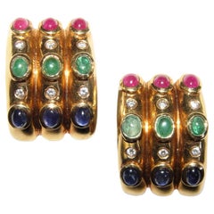 Vintage Exaggerated triple "J" hoop earrings Diamonds, Rubies, Sapphires & Emeralds 18K