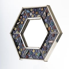 Hexagonal Mirror, Hand Painted Ceramic Flowers and Insects over White Metal