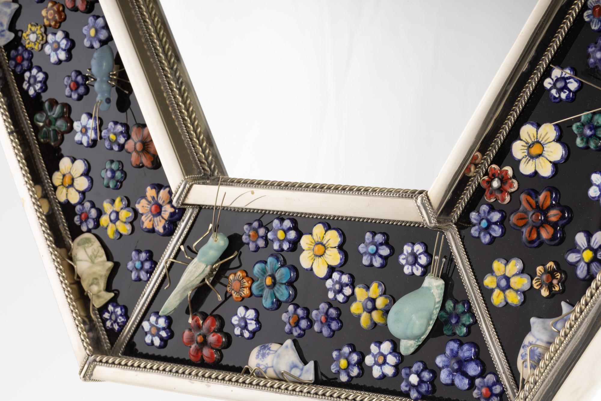 Other Hexagonal Mirror, Hand Painted Ceramic Flowers and Insects over White Metal