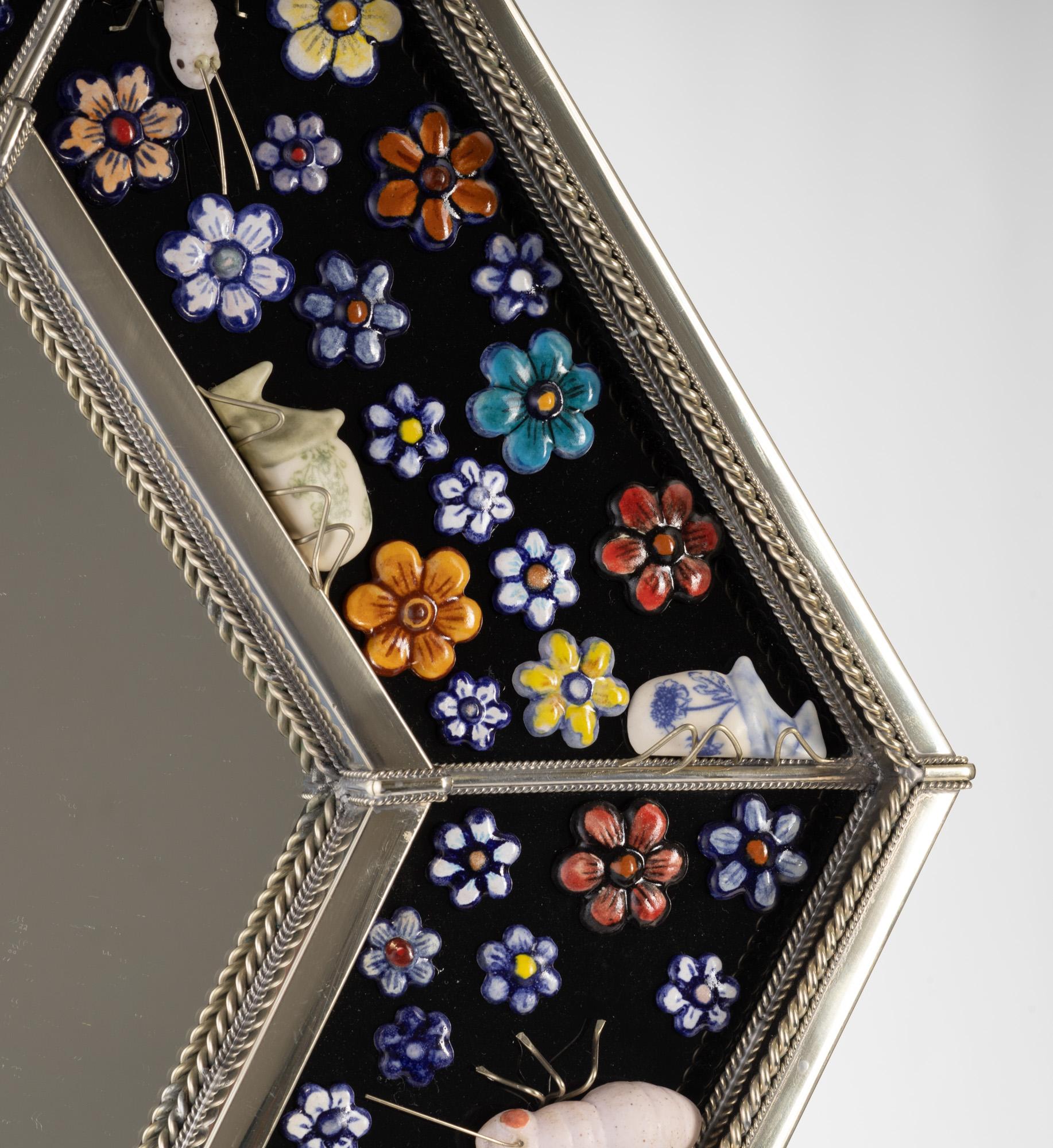 Mexican Hexagonal Mirror, Hand Painted Ceramic Flowers and Insects over White Metal