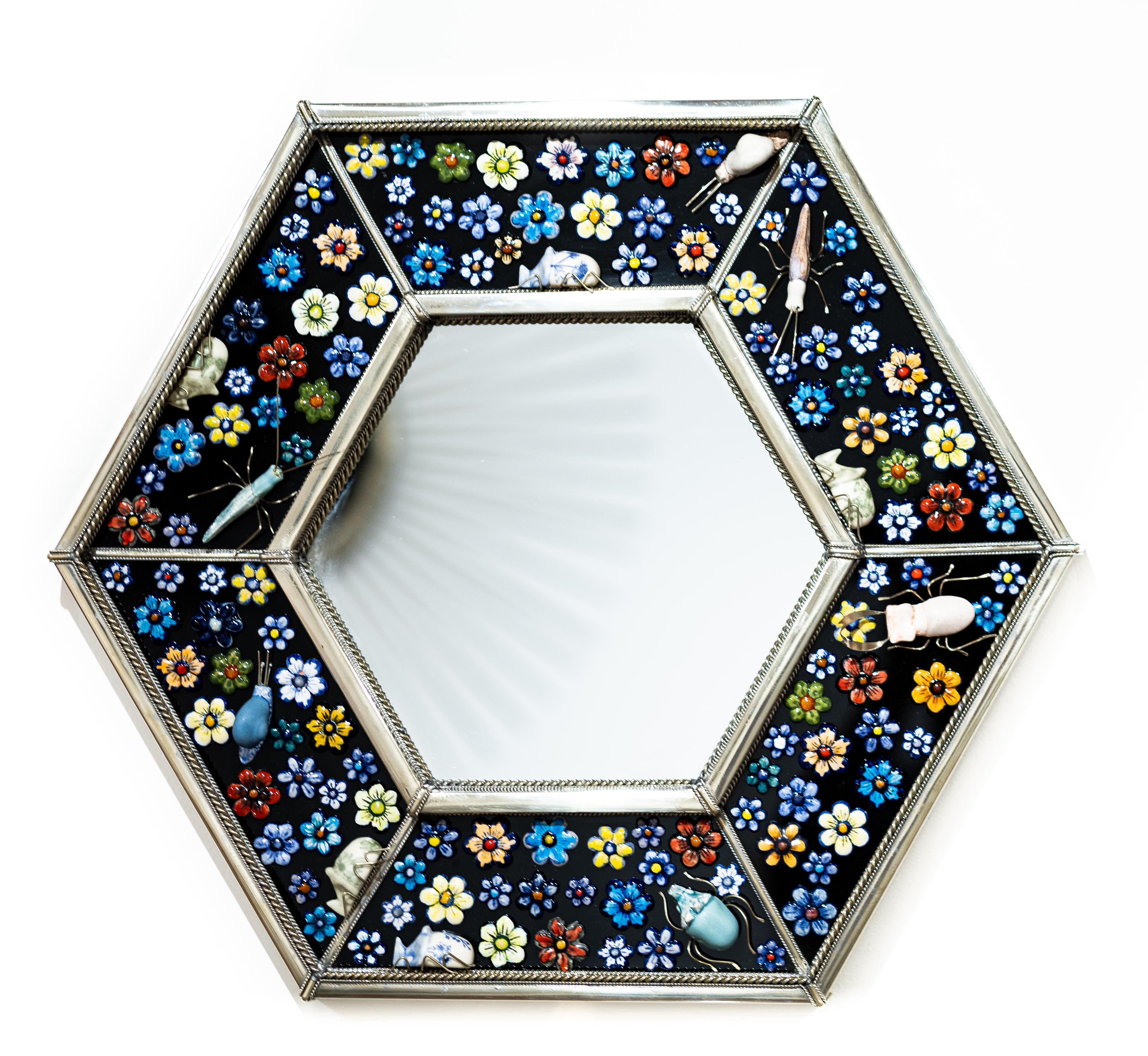 Glazed Hexagonal Mirror, Hand Painted Ceramic Flowers and Insects over White Metal