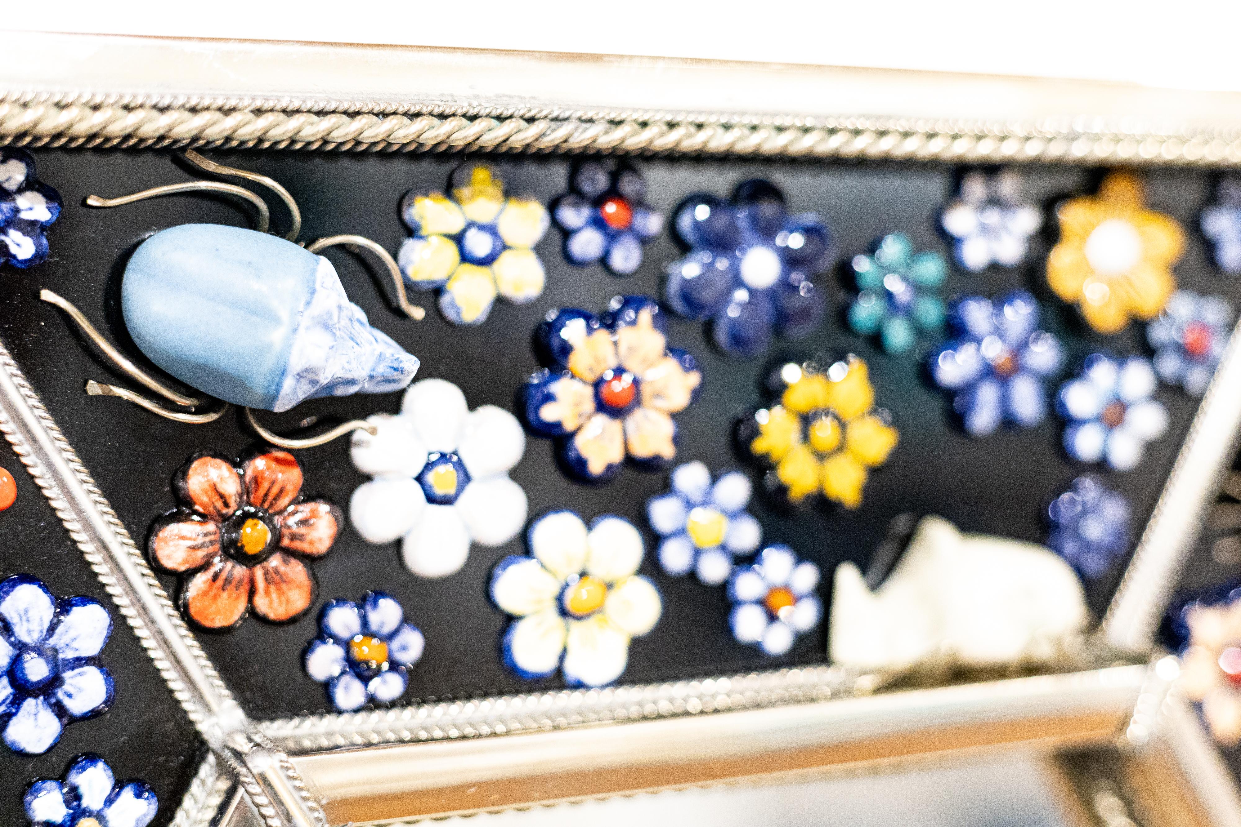 Contemporary Hexagonal Mirror, Hand Painted Ceramic Flowers and Insects over White Metal