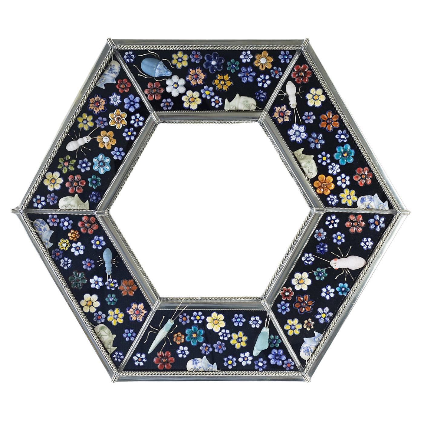 Hexagonal Mirror, Hand Painted Ceramic Flowers and Insects over White Metal