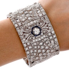 Vintage Deco Diamond Sapphire Art Deco Wide Platinum Bracelet