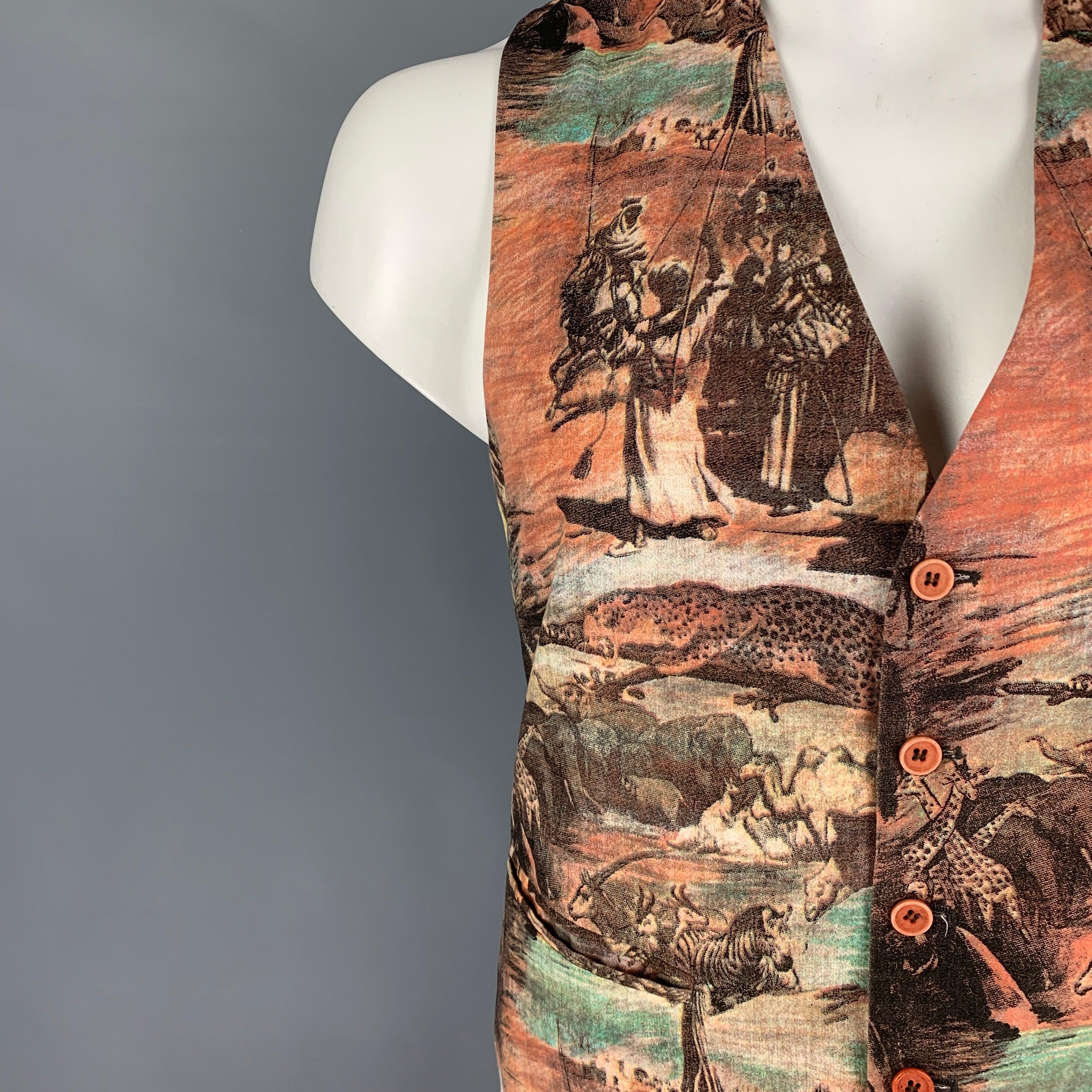 EXAMPLE by MISSONI vest comes in a brown & gold print material featuring a adjustable back strap, slit pockets, and a buttoned closure. Made in Italy.
Very Good
Pre-Owned Condition. Fabric tag removed.  

Marked:   Size tag removed 

Measurements: 
