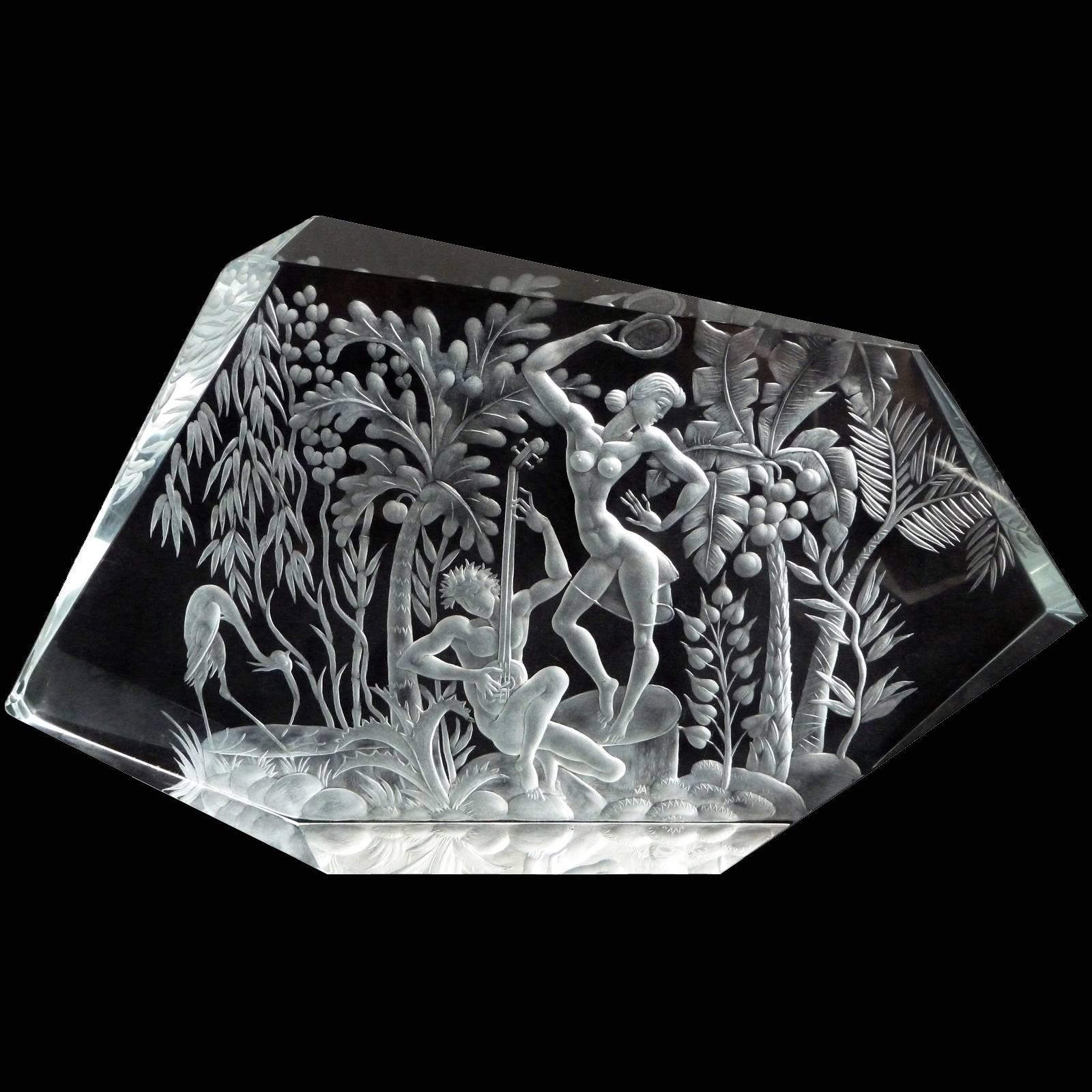 Exquisite, large etched tropical island nude male and female dance scene art sculpture in clear glass. Documented to the Exbor Company, signed on the side and stamped on the bottom. Created by designer/ engraver Josef Aschennbrenner with initials