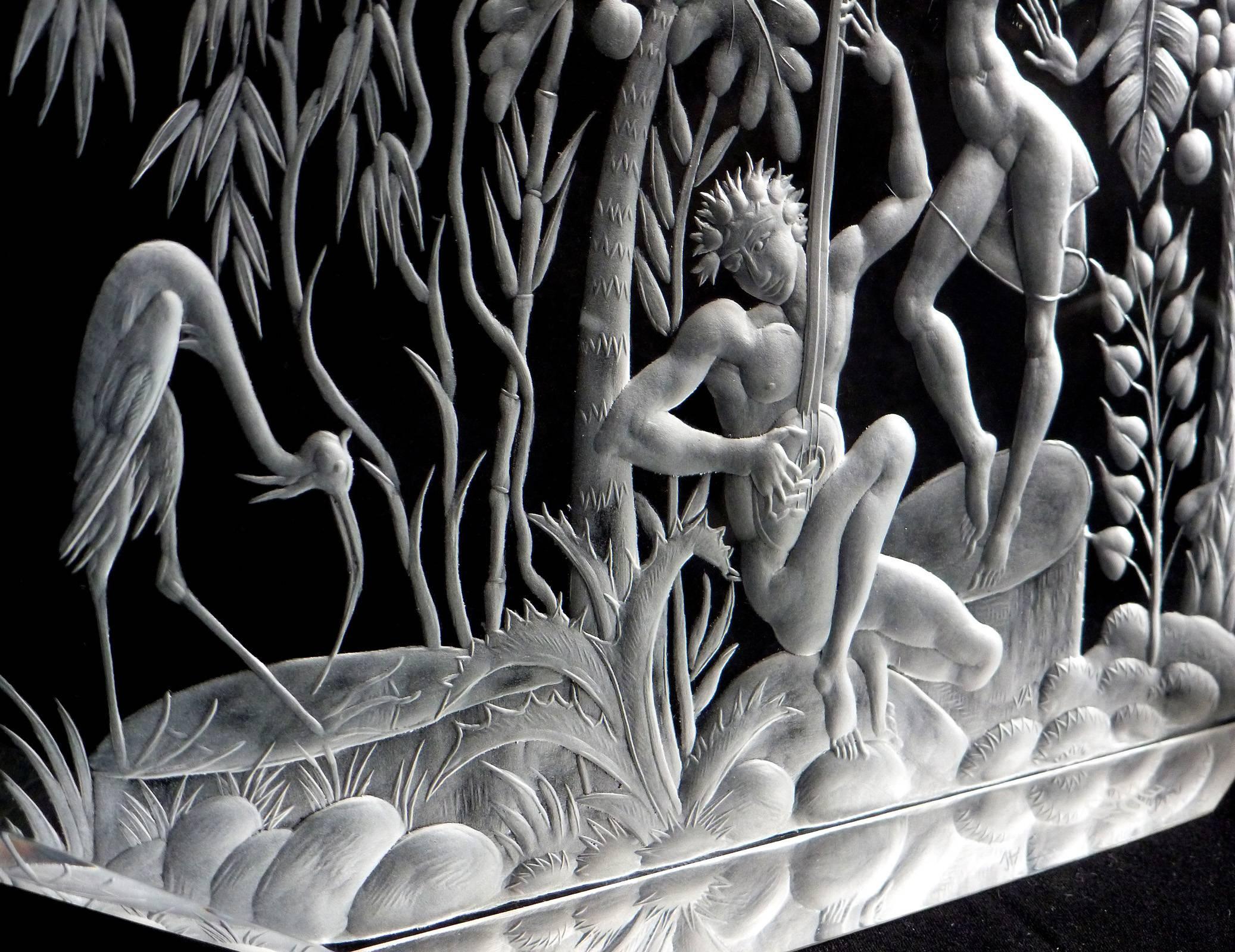 Etched Exbor Czechoslovakia Exotic Nude Tropical Island Dance Scene Signed Sculpture