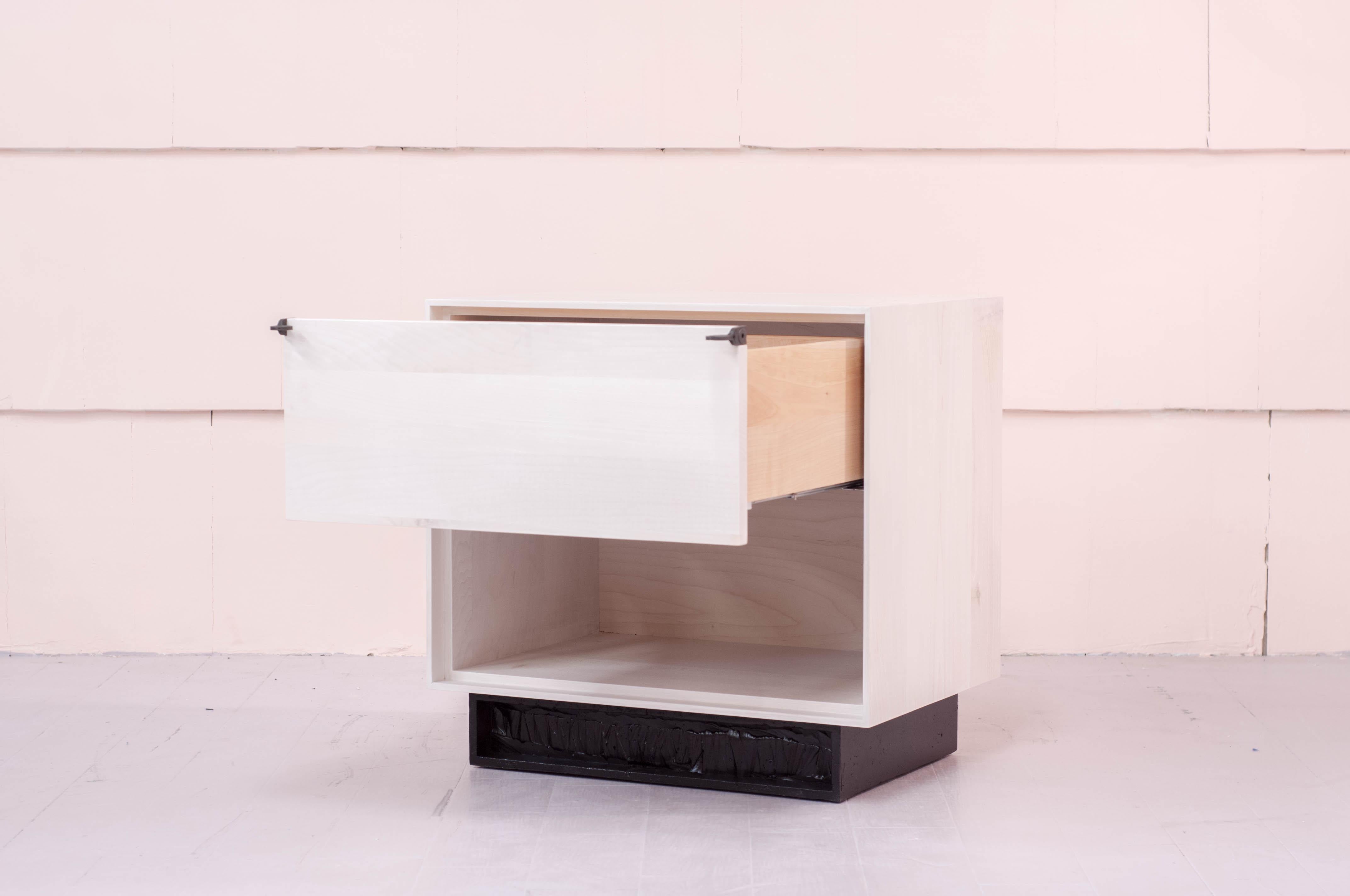 Contemporary Excavated Bedside Tables in Bleached Maple with Cast Pewter and Cast Cement
