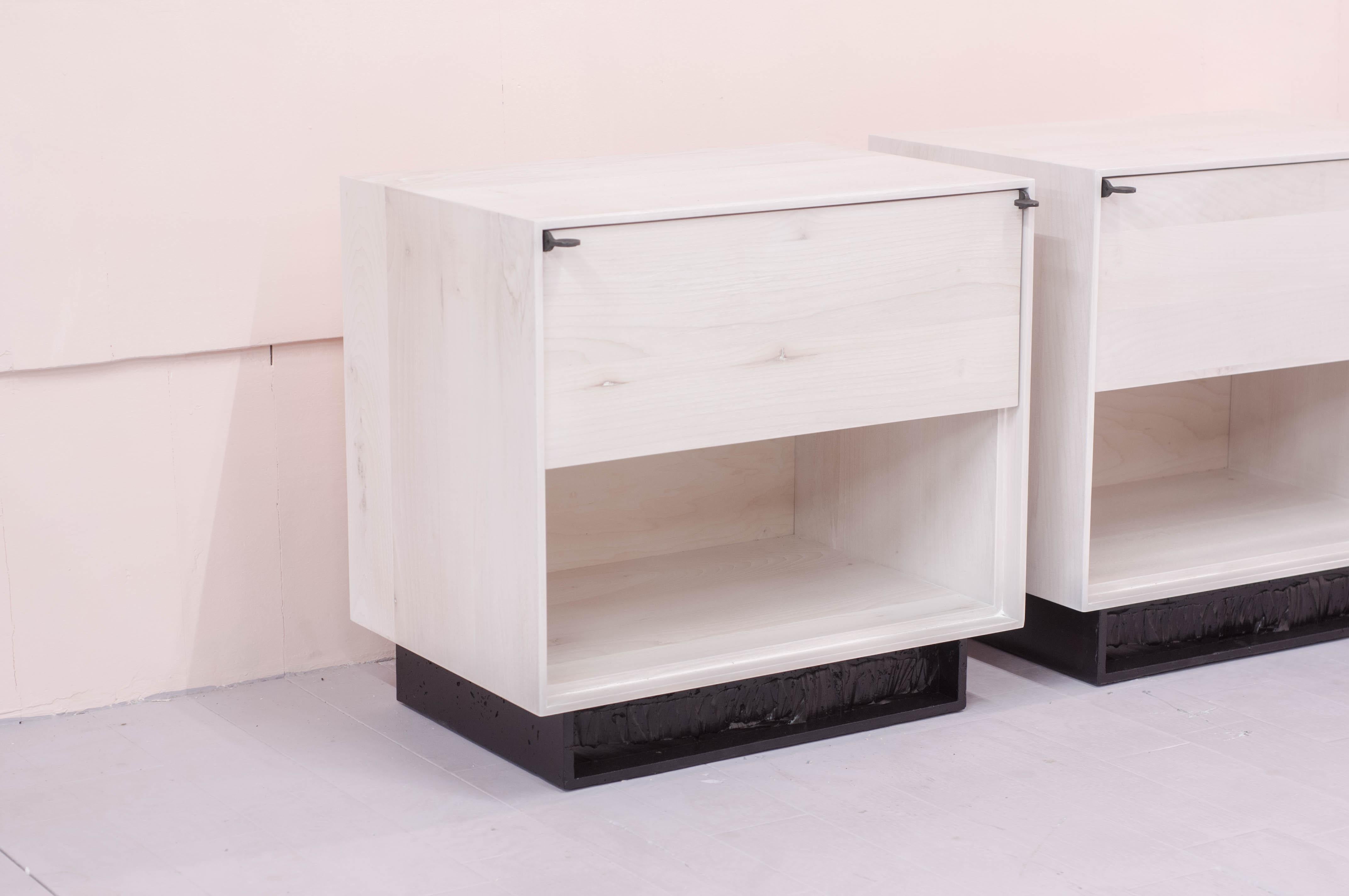Excavated Bedside Tables in Bleached Maple with Cast Pewter and Cast Cement 2