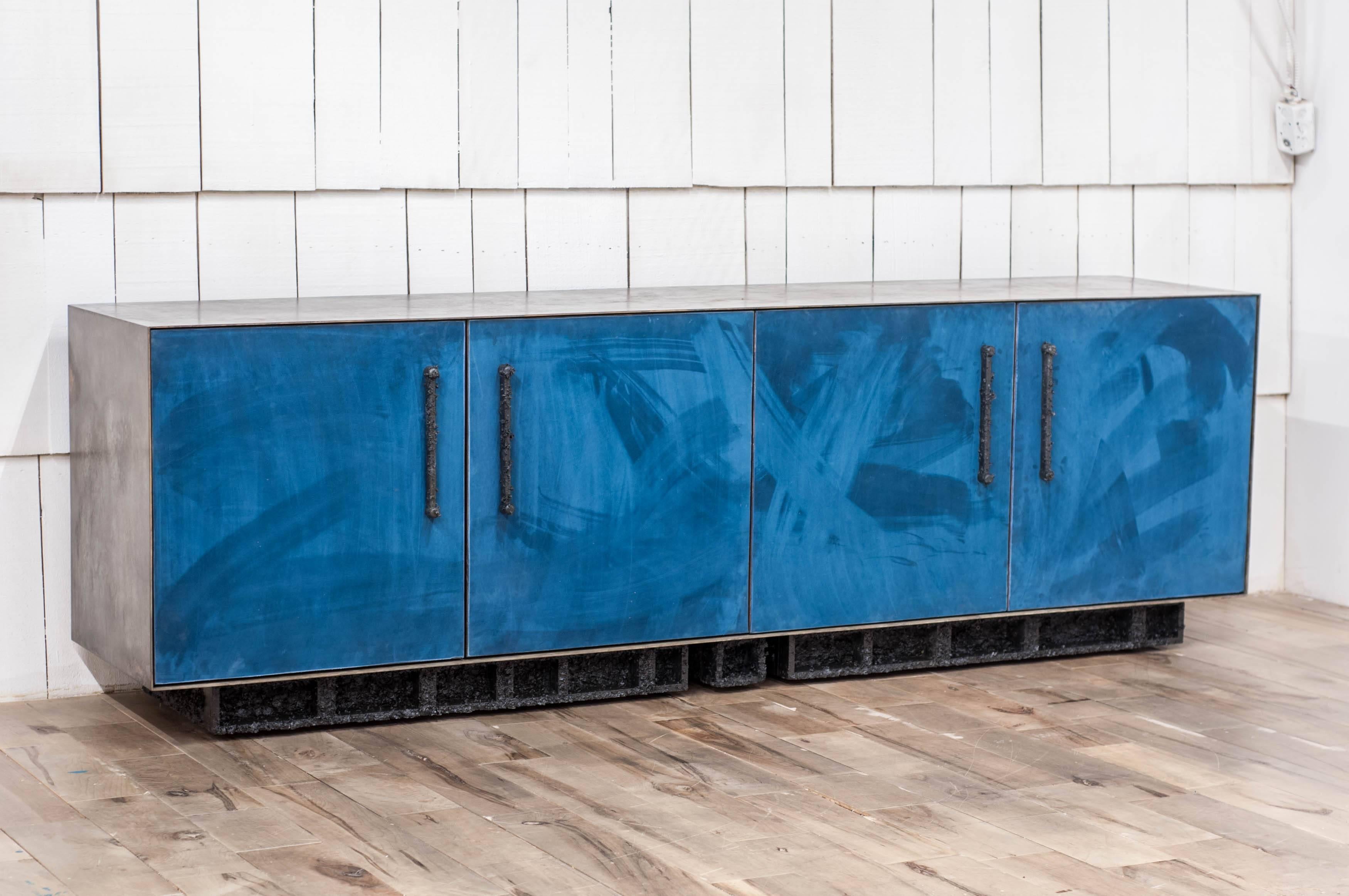 Brushed Excavated Bureau 'EB-1' in Silver Plated Bronze, Blue Suede, Cast Pewter