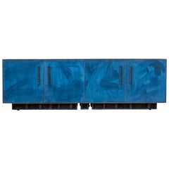 Ausgezogenes Bureau 'EB-1' aus versilberter Bronze, blauem Wildleder, Zinnguss
